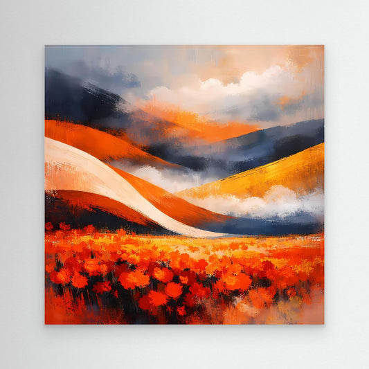 Abstraktes Leinwandbild mit rotem Mohnblumenfeld, welligen Hügeln und orangefarbenem Himmel.