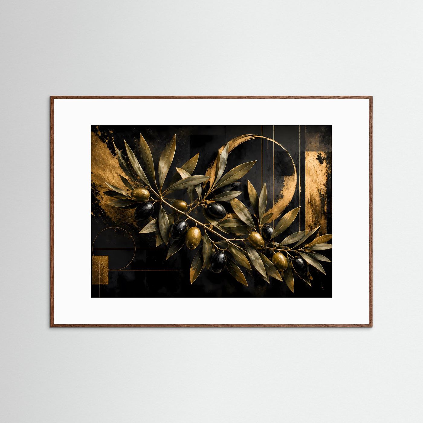 Goldener Olivenzweig auf tiefschwarzem Hintergrund | Elegante Oliven mit metallischen Goldakzenten und geometrischen Formen | Luxuriöse mediterrane Botanik-Wandkunst im Querformat