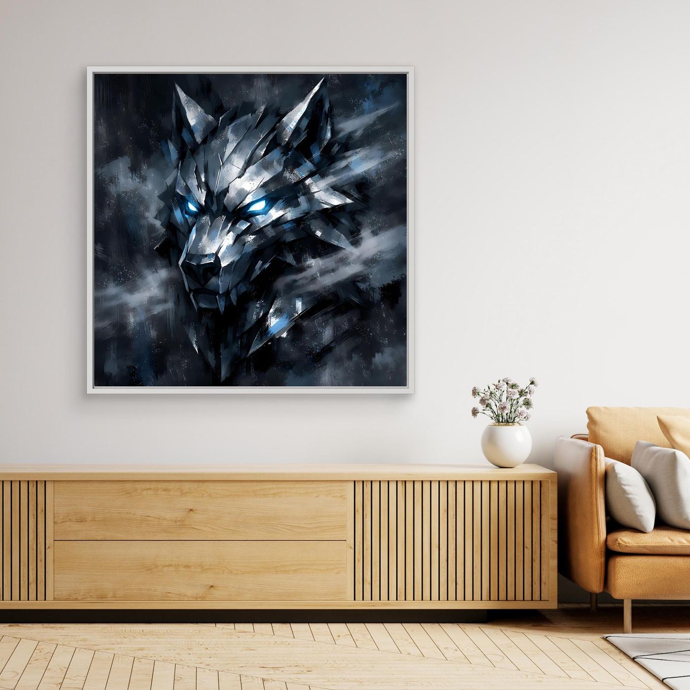 Geometrisches Wolf-Wandbild mit leuchtenden Augen, silberner Rahmen