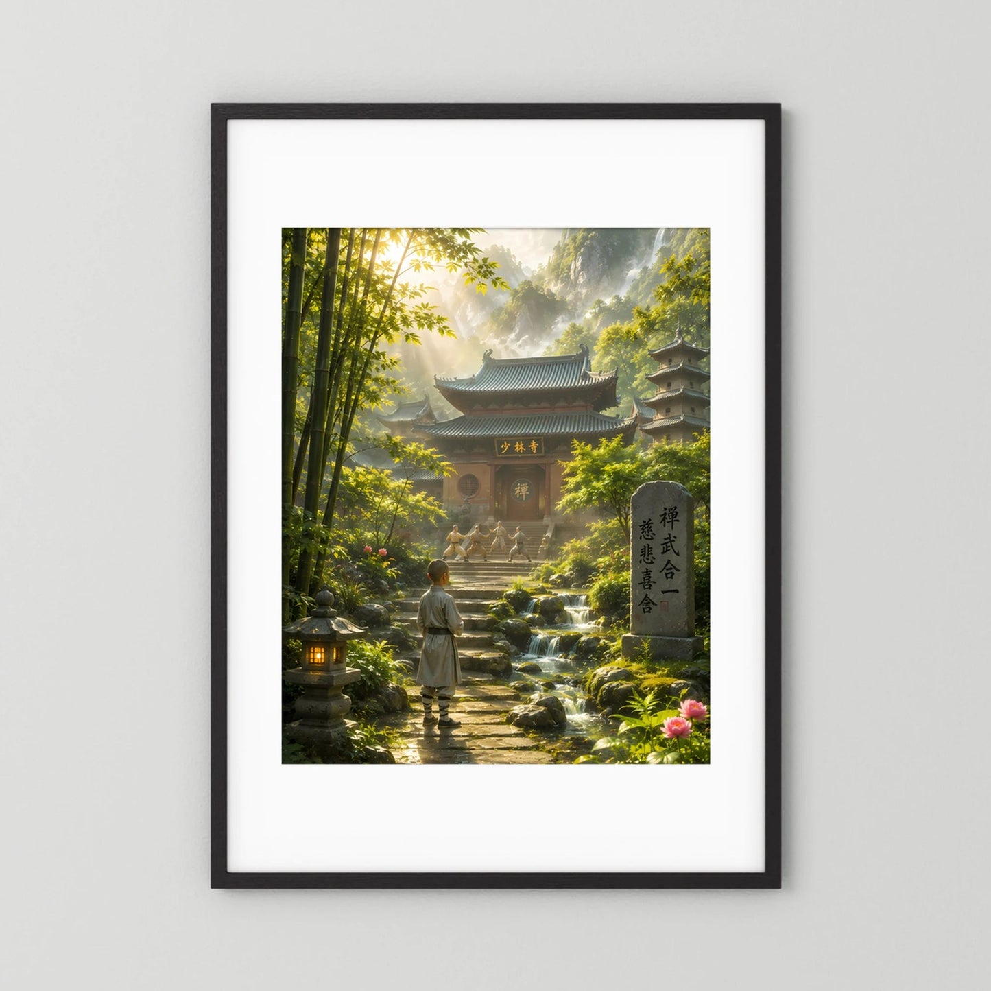 Hochformat-Poster mit Bambuswald-Pfad, Tempel und Mönch, schwarz gerahmt