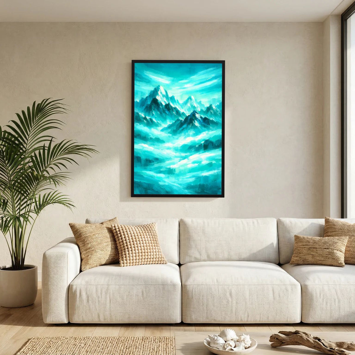 Wandbild im Hochformat mit abstrakten türkisfarbenen Bergen und schwarzem Rahmen