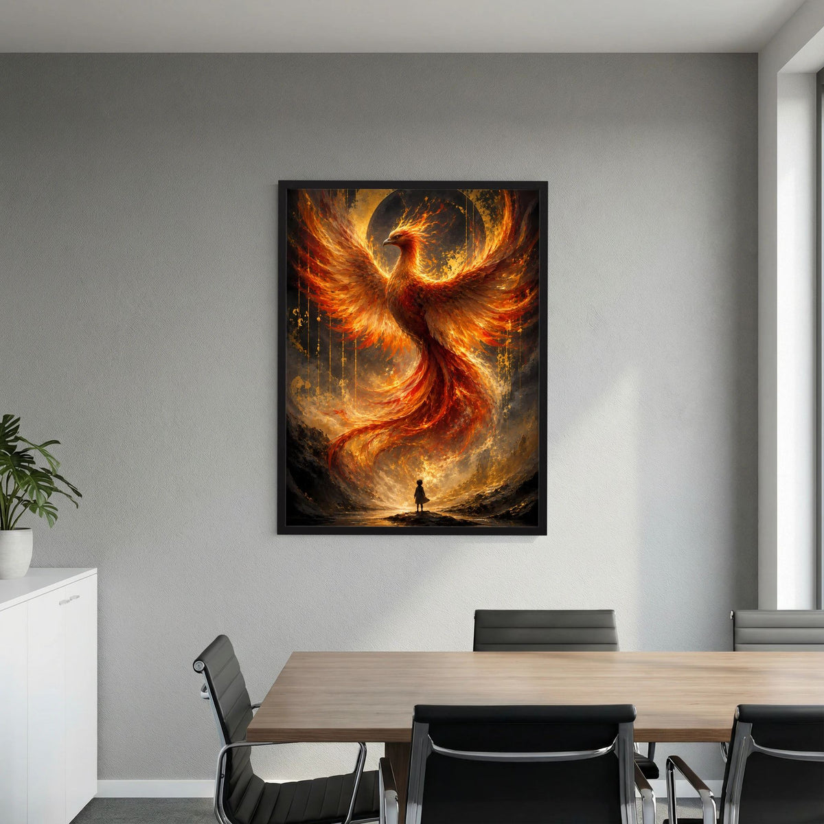 Hochformat-Poster mit Phönix aus Feuer in Gold/Orange, schwarzer Rahmen an heller Wand