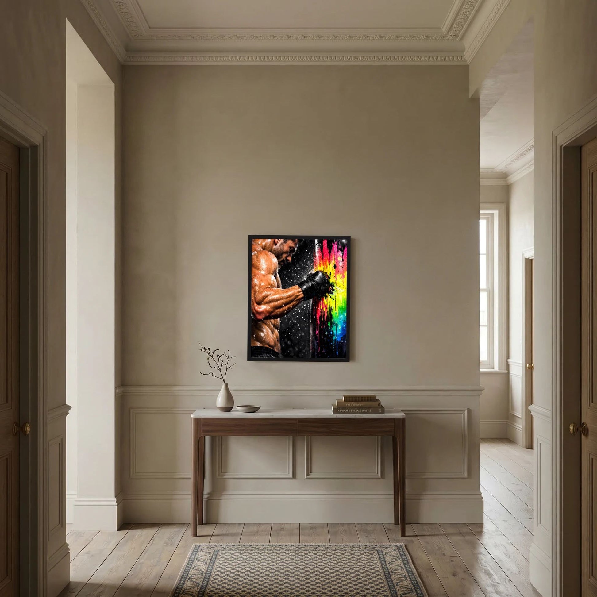 Gerahmtes Hochformat-Poster: Boxer mit schwarzem Handschuh, Neon-Farbkleckse vor dunklem Hintergrund