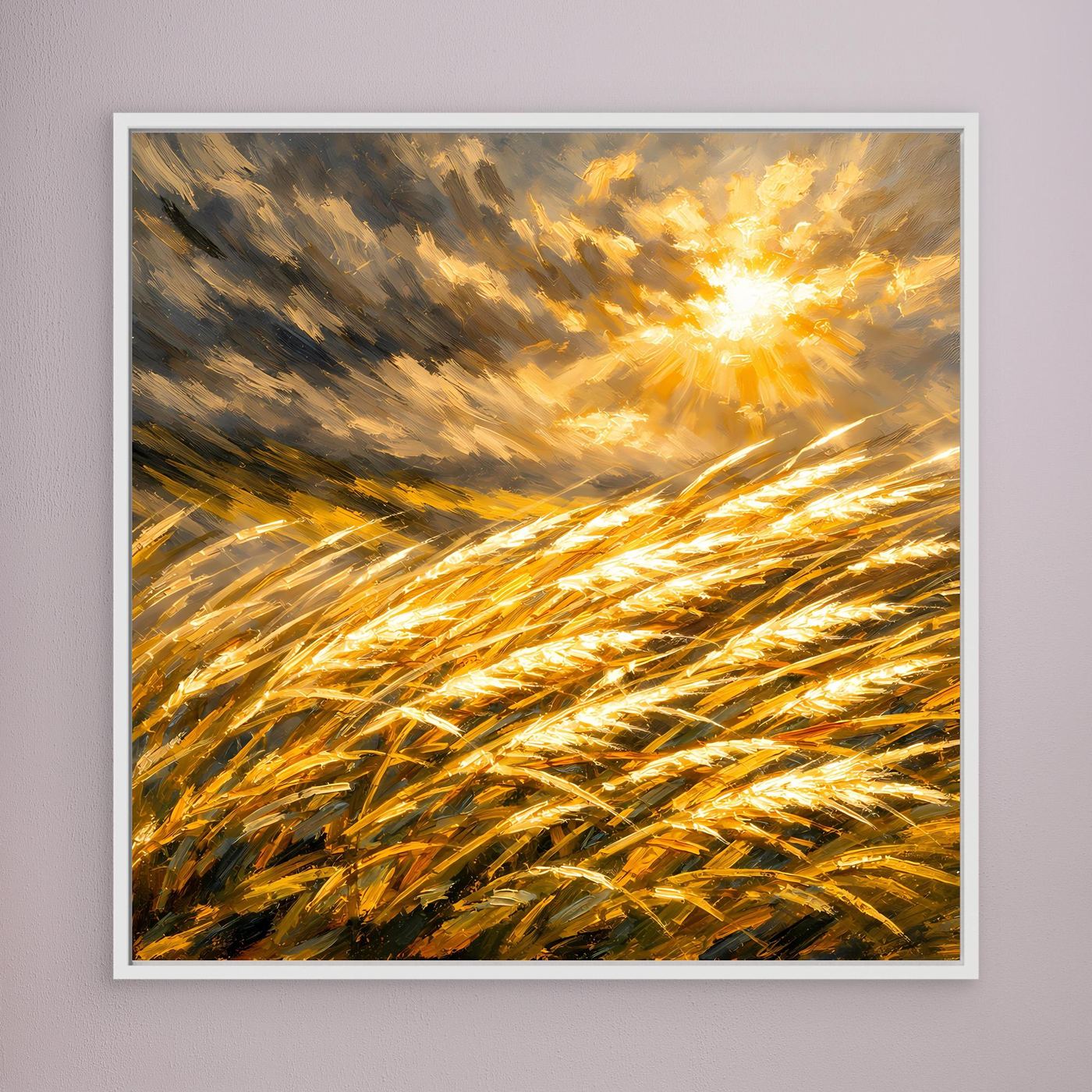 Leinwandbild mit goldenem Weizenfeld und leuchtendem Himmel, weißer Rahmen