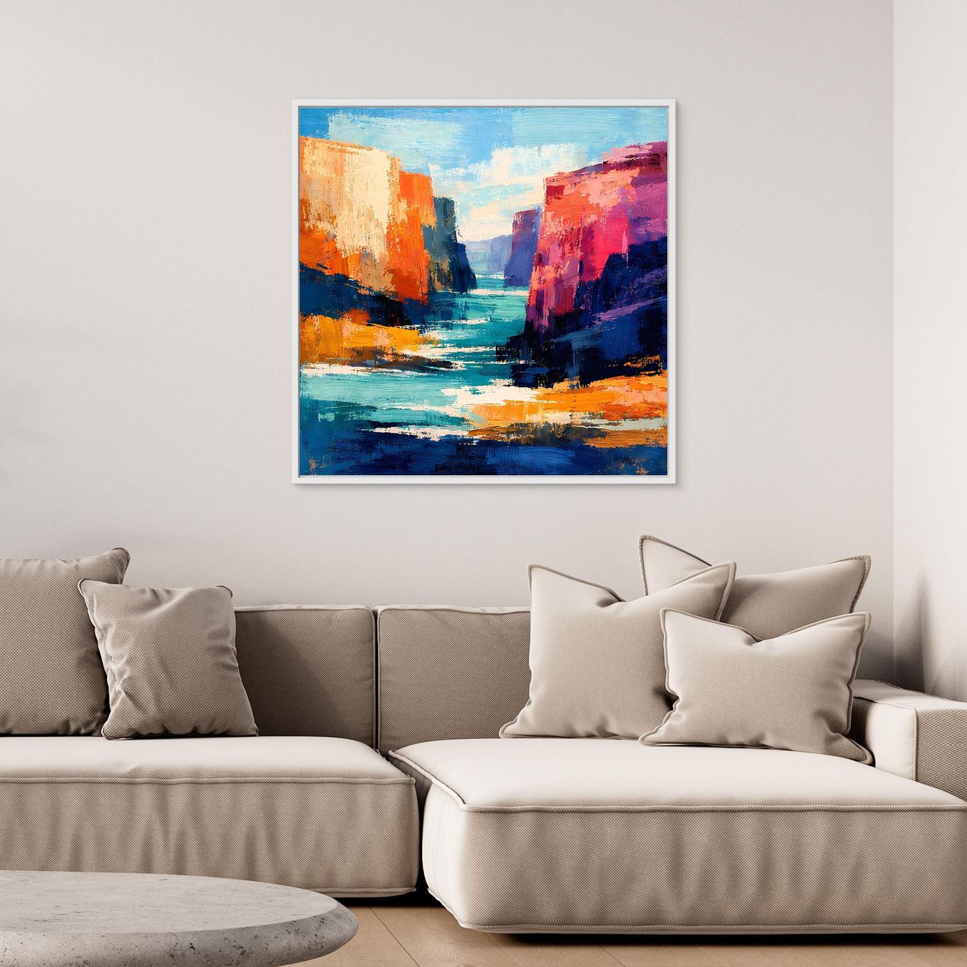 Abstraktes Leinwand-Wandbild mit Canyon- und Flussmotiv in kräftigen Blau-, Orange- und Rottönen