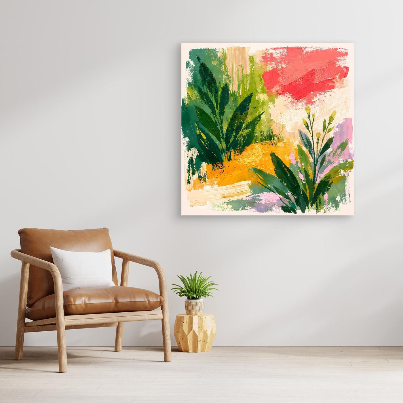 Abstract botanical wall art canvas with multicolor leaves and red brush strokes, white frame