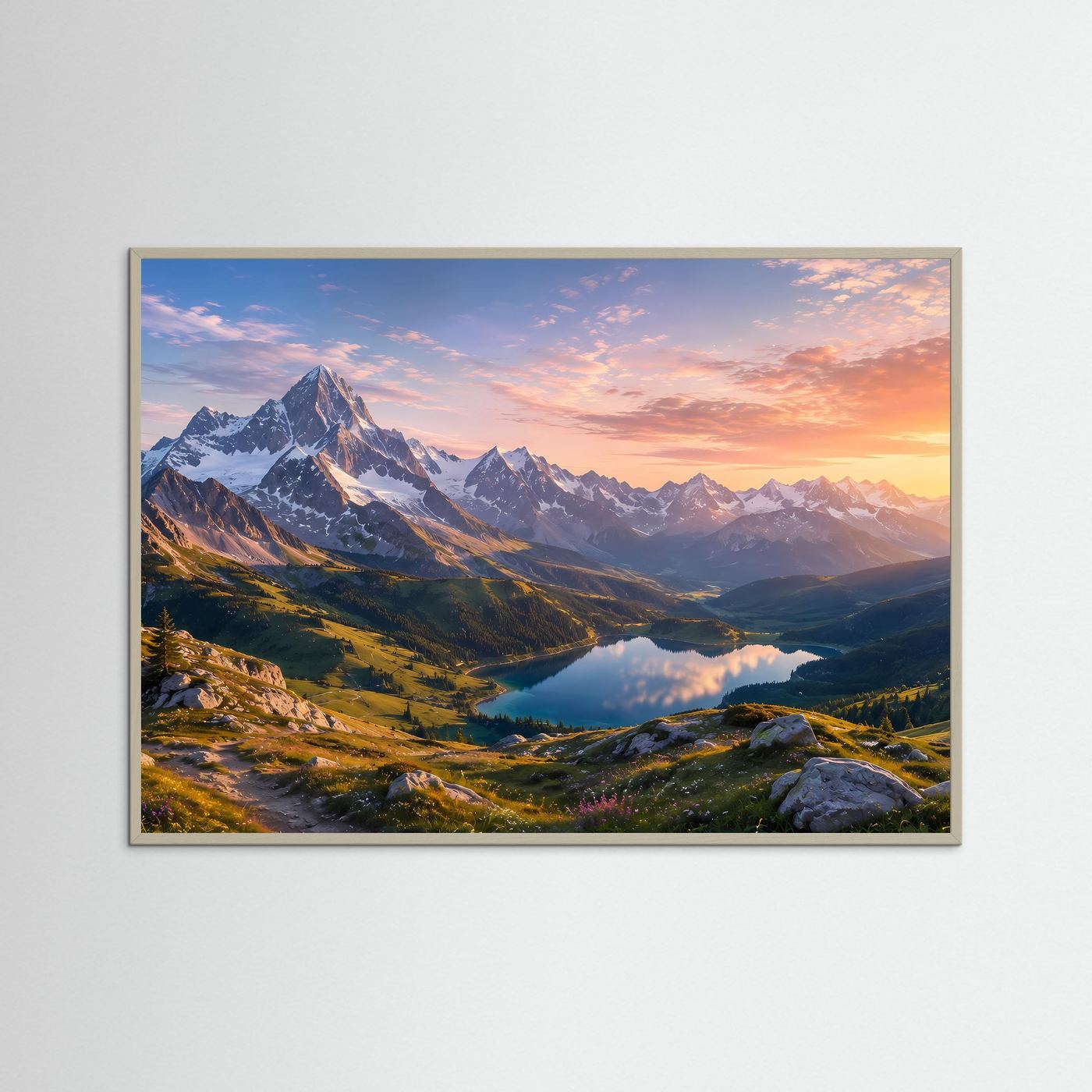 Bergsee-Landschaftsfoto mit Alpenpanorama bei Sonnenuntergang, grauer Holzrahmen