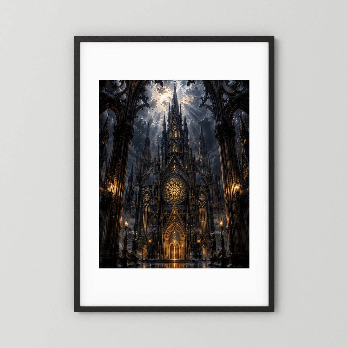 Hochformat-Poster gotische Kathedrale in Schwarz und Gold, schwarzer Rahmen mit weißem Rand