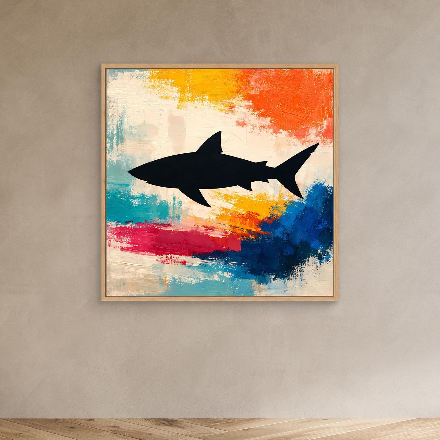 Leinwand Minimalistische Hai-Silhouette im Farbenmeer | Abstraktes Pop-Art Wandbild