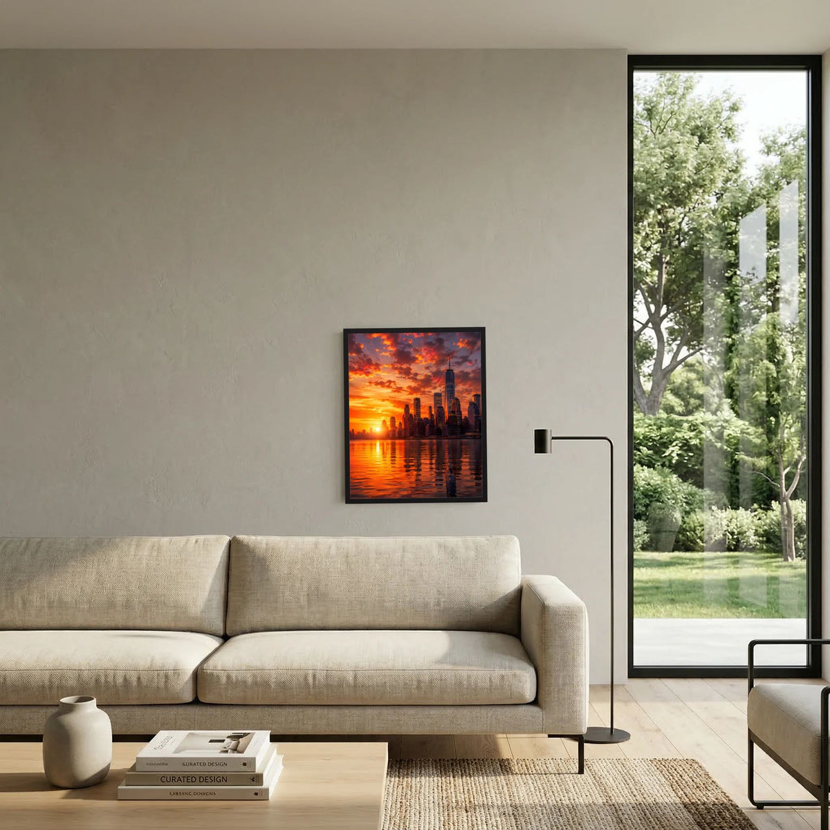 Stadtposter mit Skyline bei Sonnenuntergang, schwarzer Rahmen an der Wand