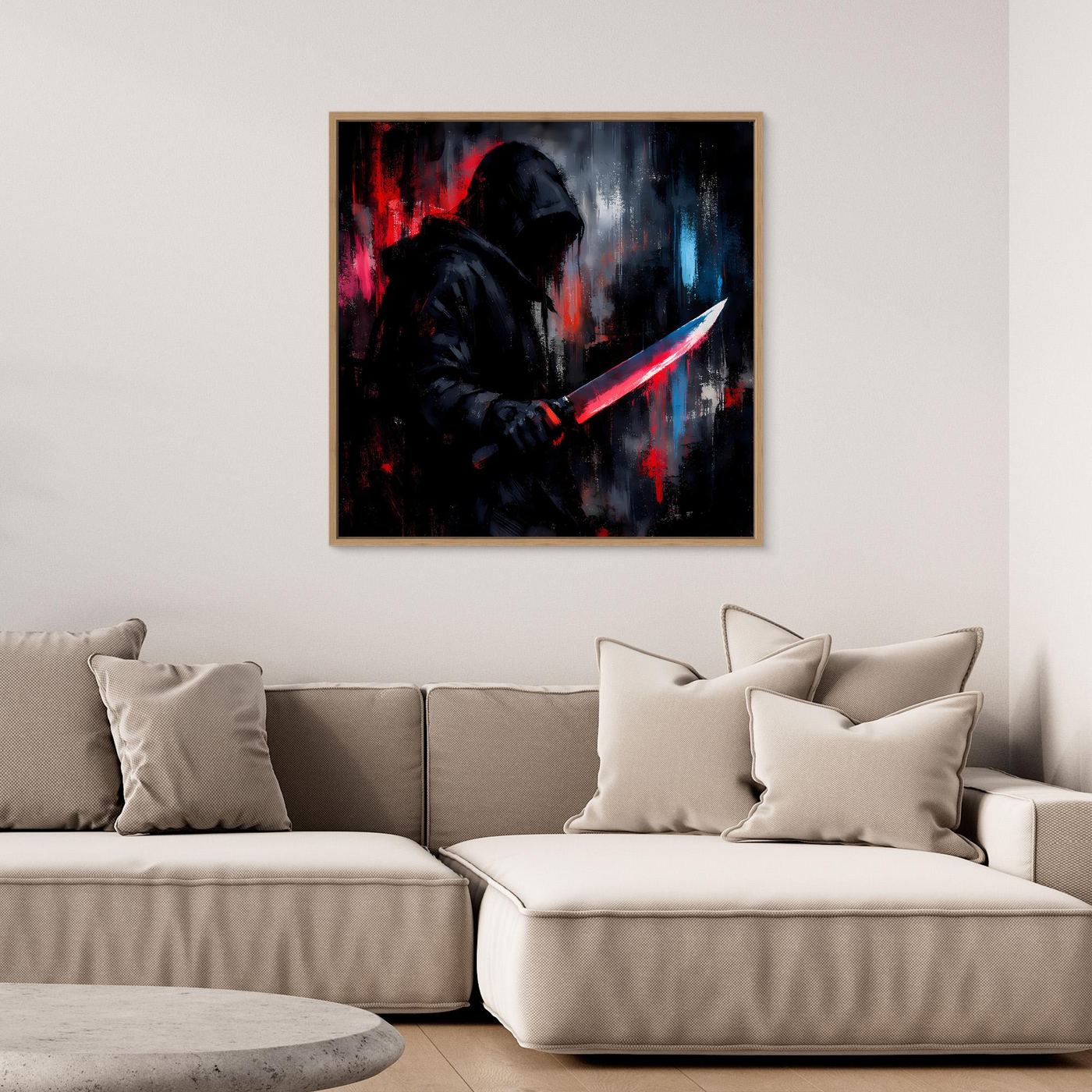 Gerahmtes Leinwand-Wandbild mit Schattenkrieger in Schwarz, leuchtendes Schwert in Blau/Rot