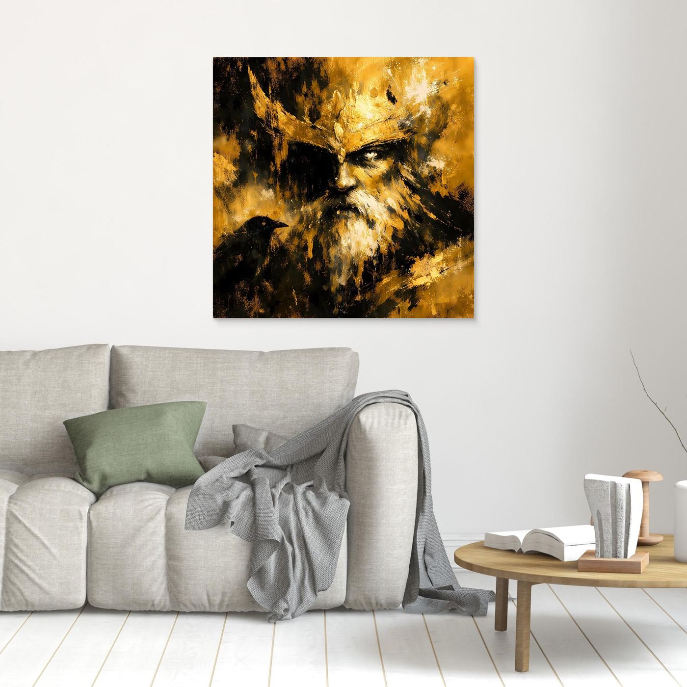 Leinwand Nordischer Gott Odin mit Rabe | Modernes Abstraktes Mythologie Wandbild