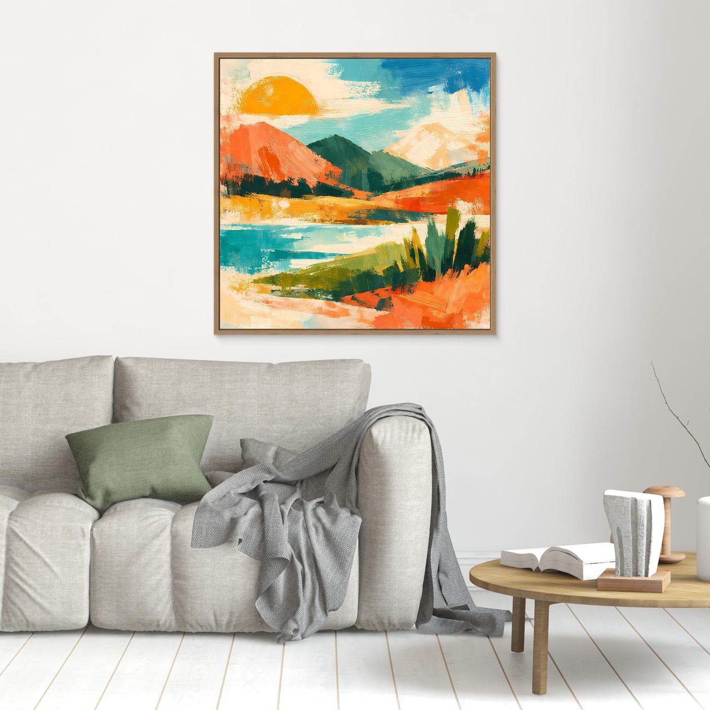 Kleines Wandbild mit Holzrahmen: abstrakte See- und Sonnenlandschaft in kräftigen Farben