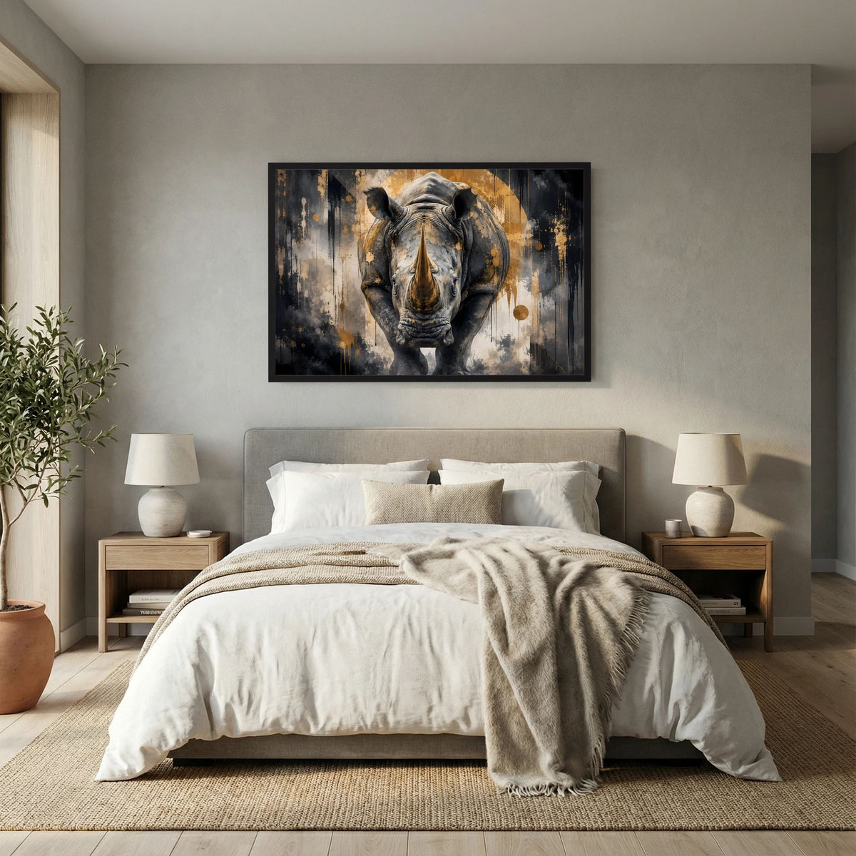 Abstraktes Nashorn-Poster (Querformat) mit schwarzem Rahmen, silbern-graues Nashorn
