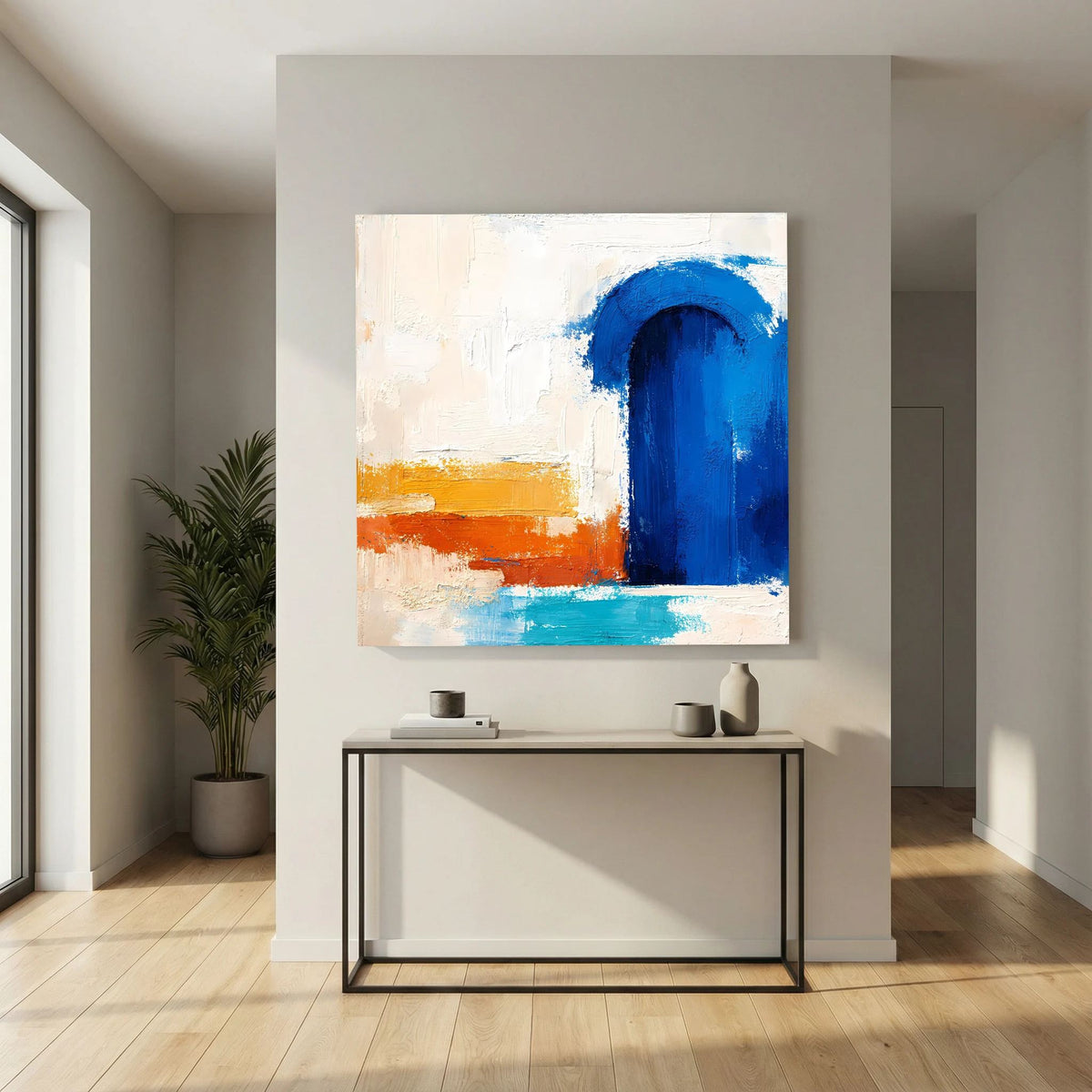 Abstraktes Leinwandbild mit blauem Torbogen, orange-gelber Linie und blauem unteren Farbfeld