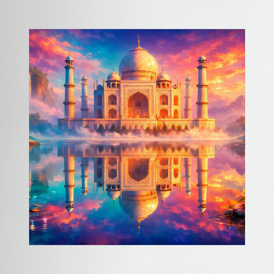 Leinwandbild mit Taj Mahal, goldener Kuppel und farbenfroher Spiegelung im Wasser