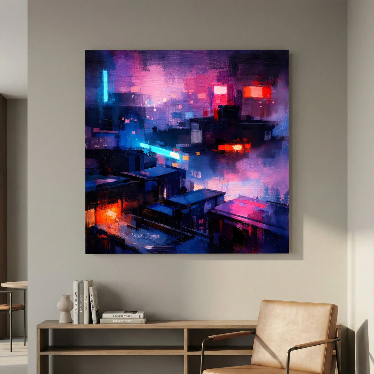 Wandbild auf Leinwand mit Neon-City-Detailansicht bei Nacht, kontrastreiche Farbflächen