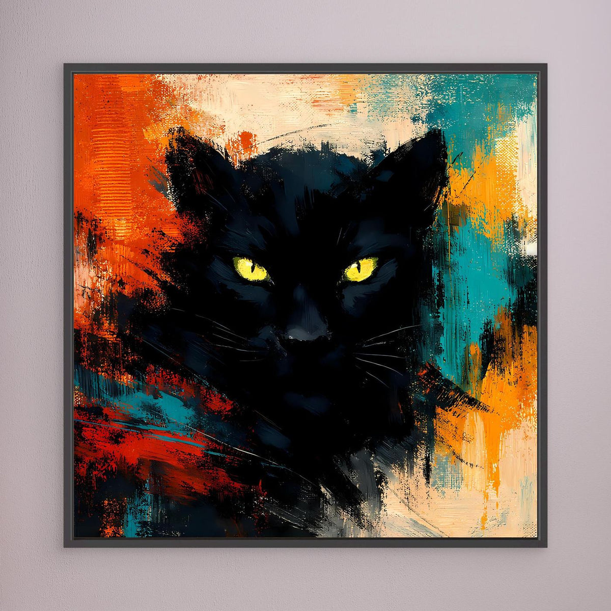 Leinwand-Wandbild mit schwarzem Pantherkopf und gelben Augen im dunklen Rahmen
