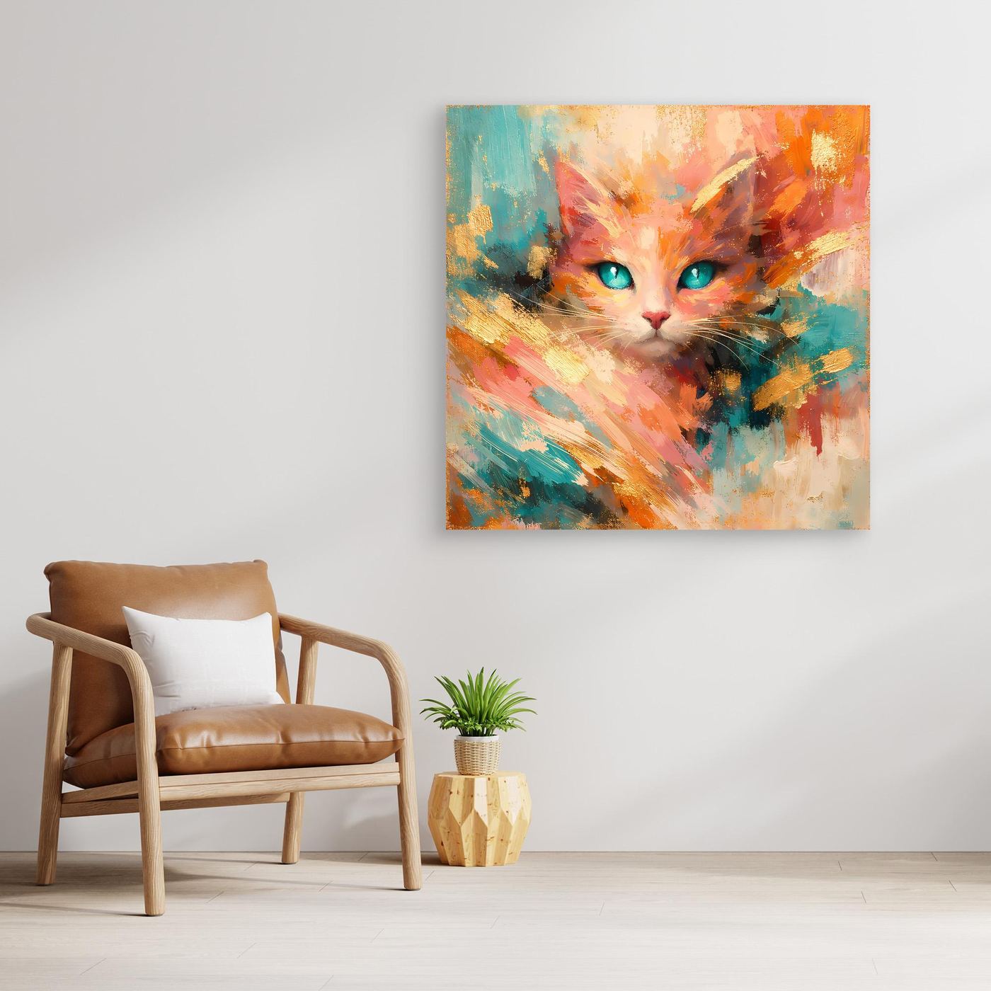 Leinwandbild abstrakte Katze mit türkisfarbenen Augen, bunte Farbflecken