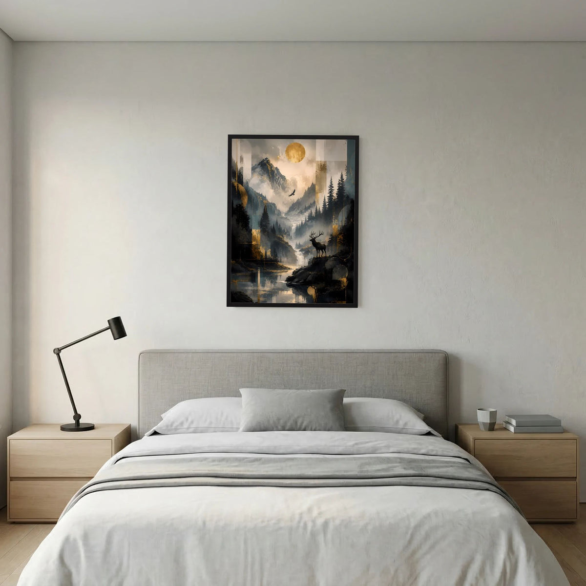 Gerahmtes Poster im Hochformat mit Bergsee, Hirsch und goldener Sonne