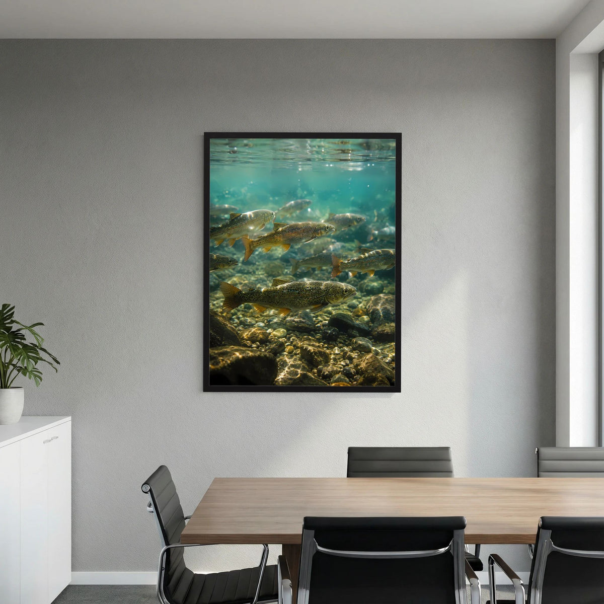 Wandposter mit Unterwasserwelt und Forellen, schwarzer Rahmen, Hochformat.