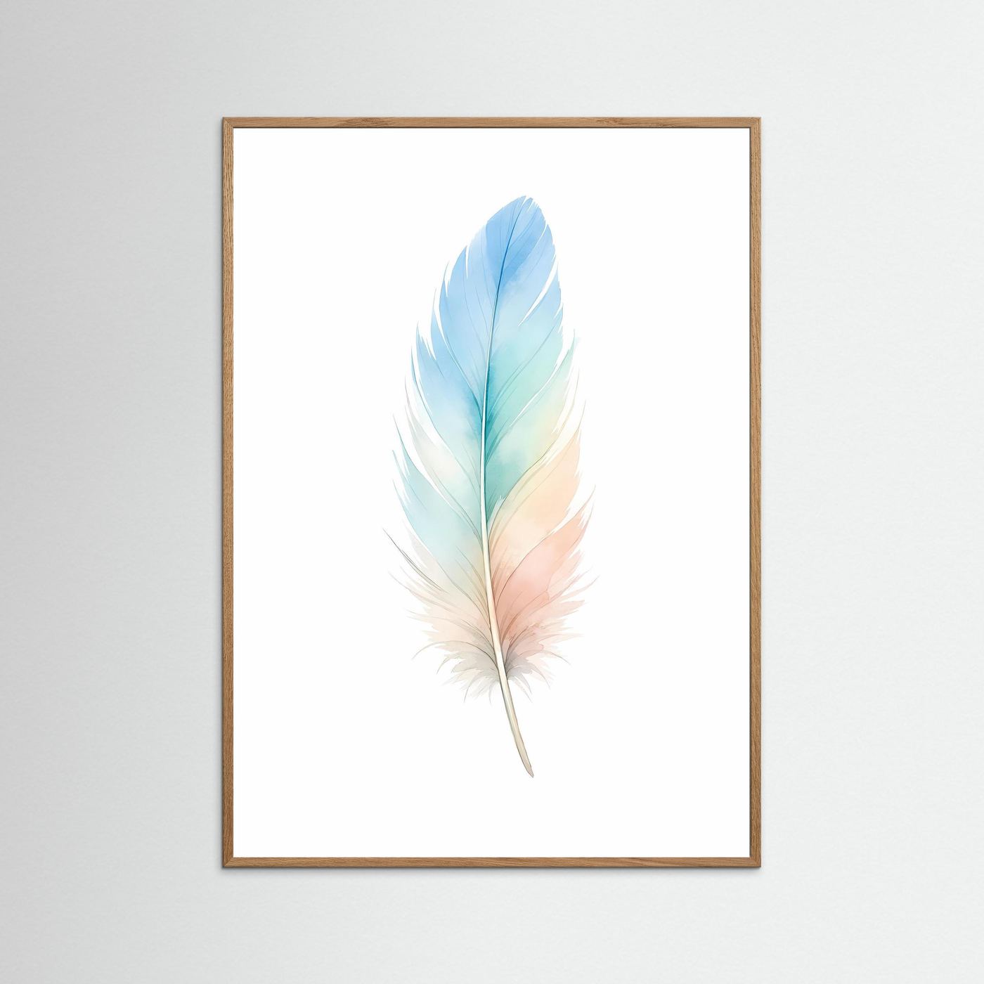 Poster mit Aquarell-Feder im Pastellverlauf von Blau bis Pfirsich im naturfarbenen Holzrahmen, hochkant