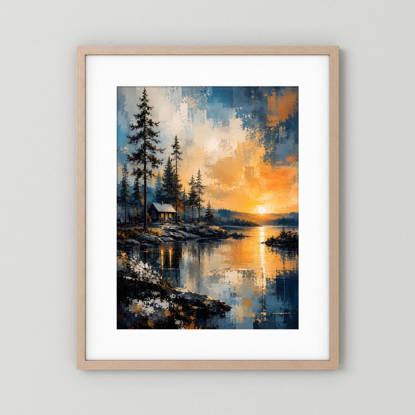 Naturposter mit abstrakter Waldlandschaft, Hütte am Wasser und Sonnenuntergang, naturholzfarben gerahmt