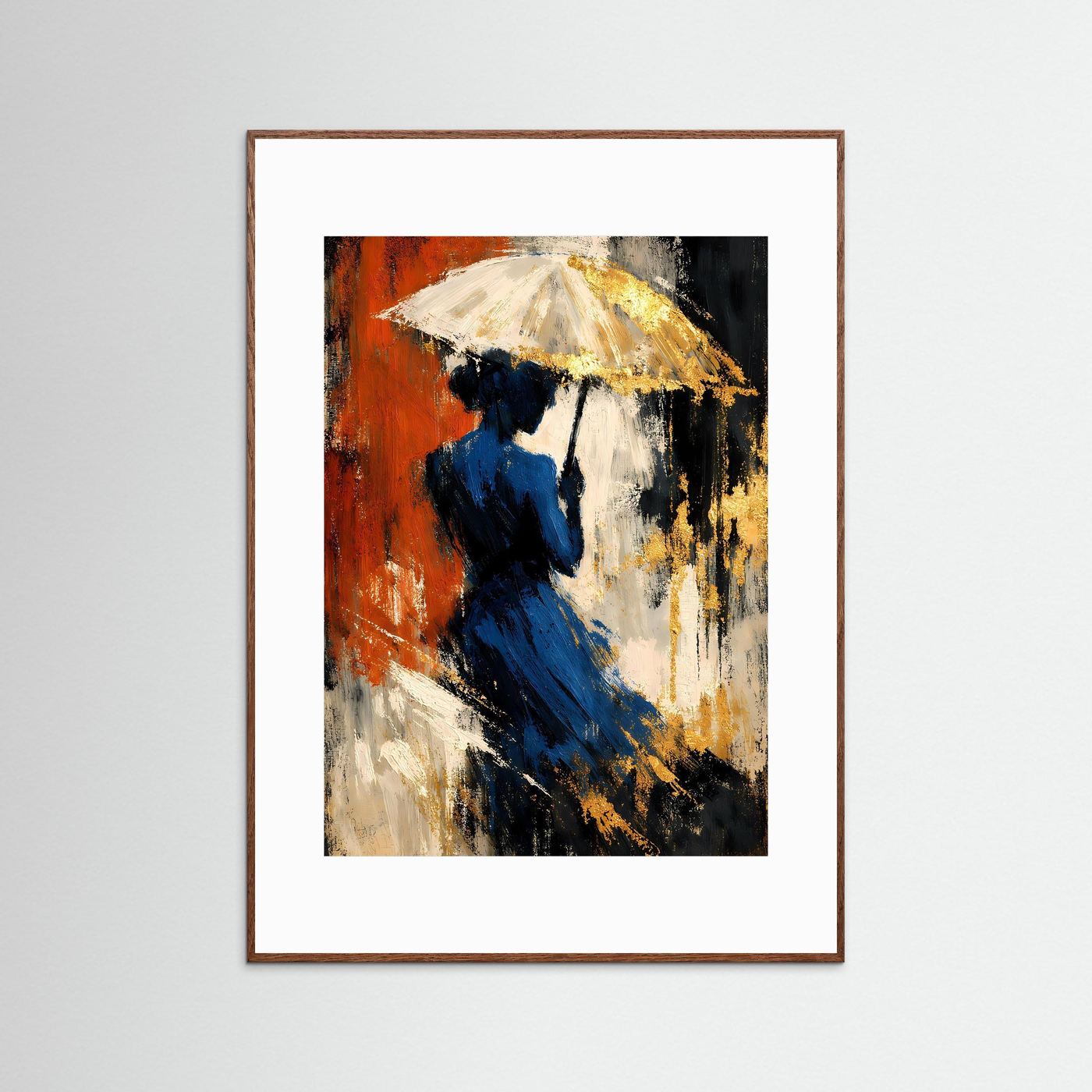 Kunstposter, gelber Regenschirm und blaue Figur; roter Hintergrund, brauner Rahmen