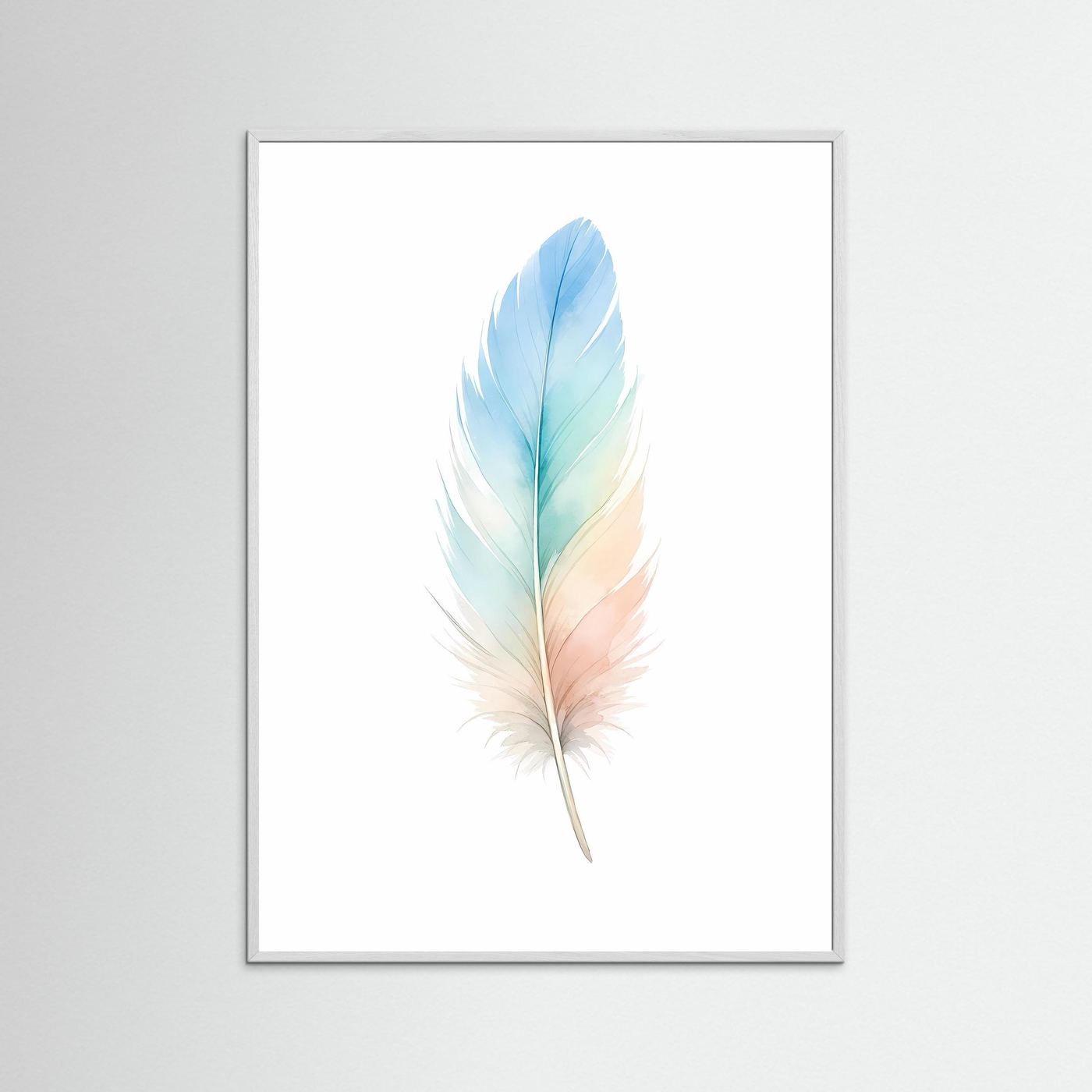 Poster mit Aquarell-Feder im Pastellverlauf von Blau bis Pfirsich im weißen Rahmen, hochkant