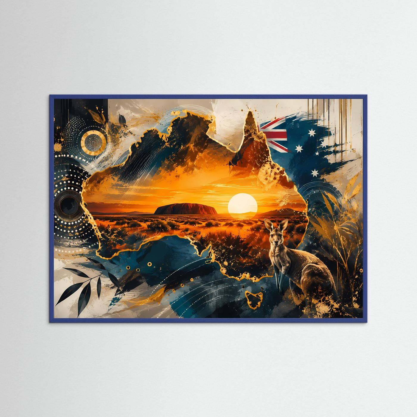 Artprint im blauen Rahmen mit Sonnenuntergang, Känguru und Australien-Motiv