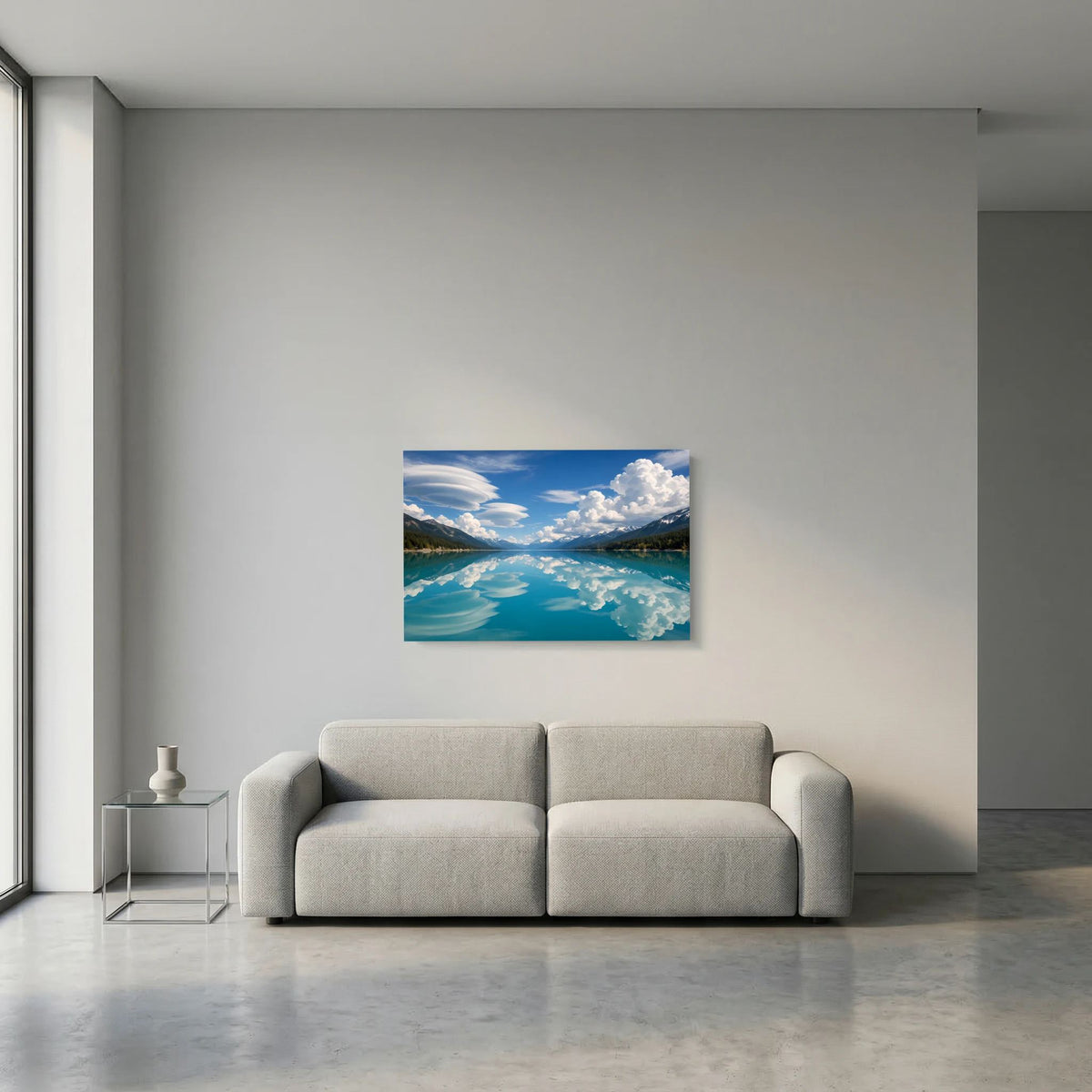 Wandbild im Querformat mit Bergsee und Wolken am Himmel