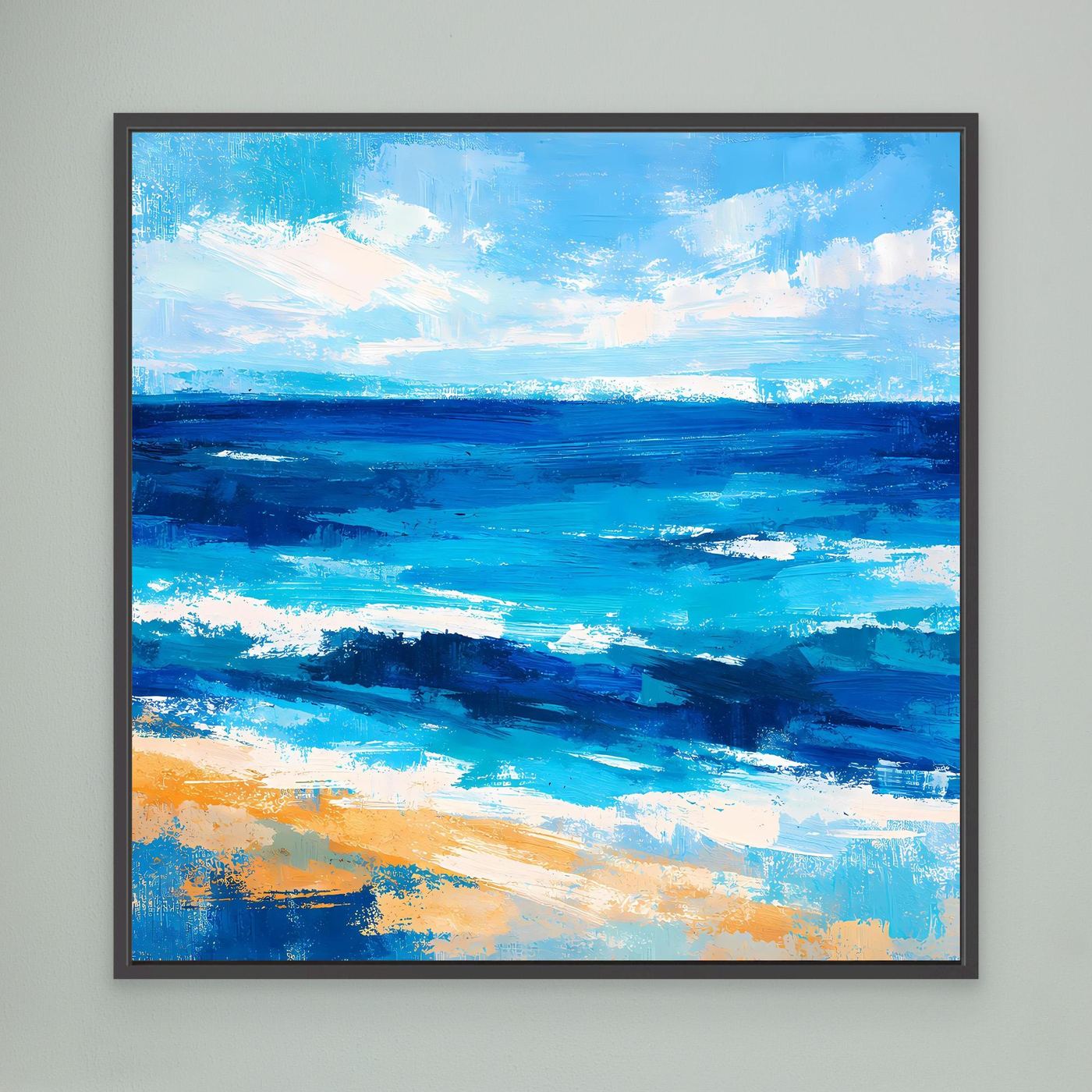 Abstract seascape wall art print in blue with dark border frame