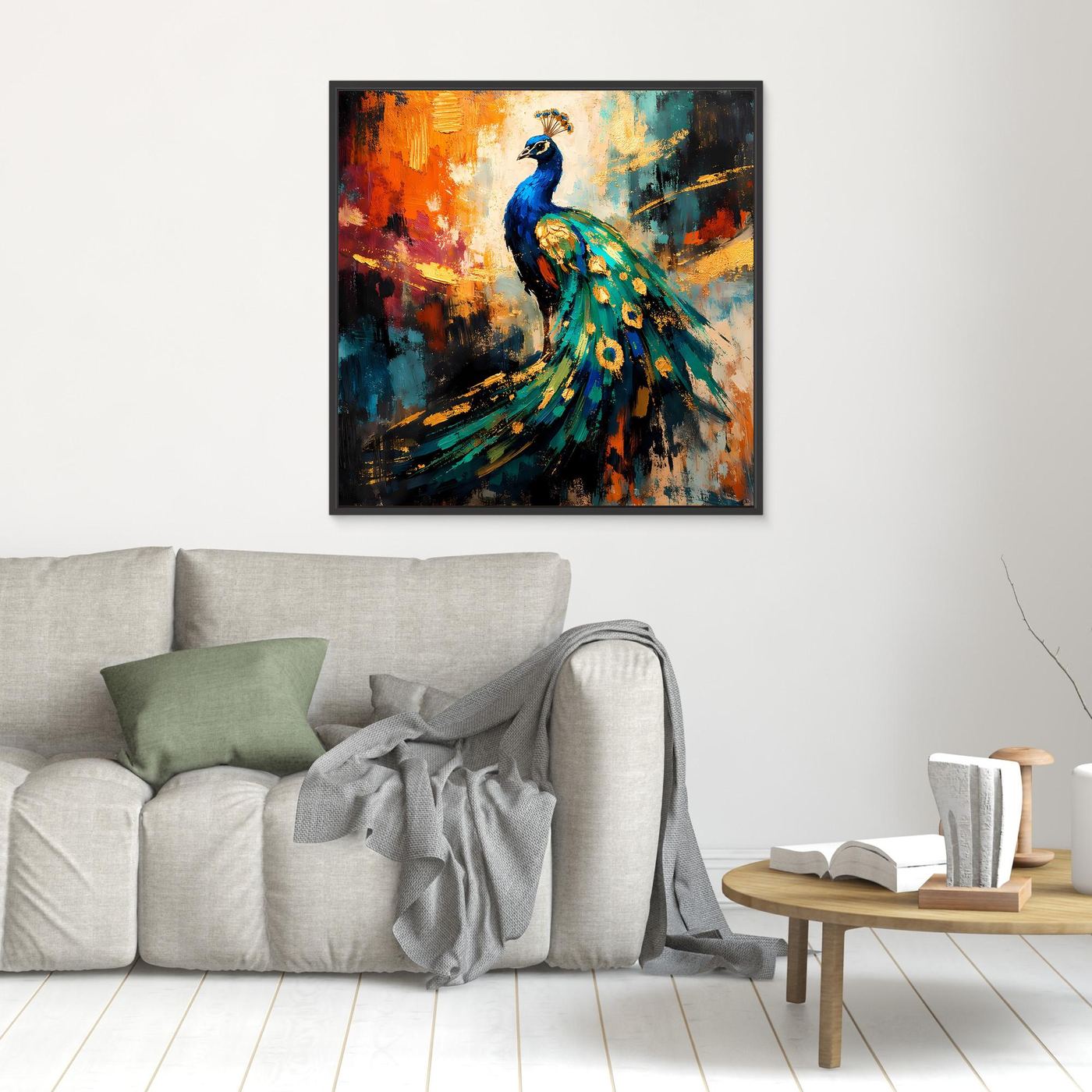 Leinwandbild mit leuchtendem Pfau-Motiv, schwarzer Rahmen