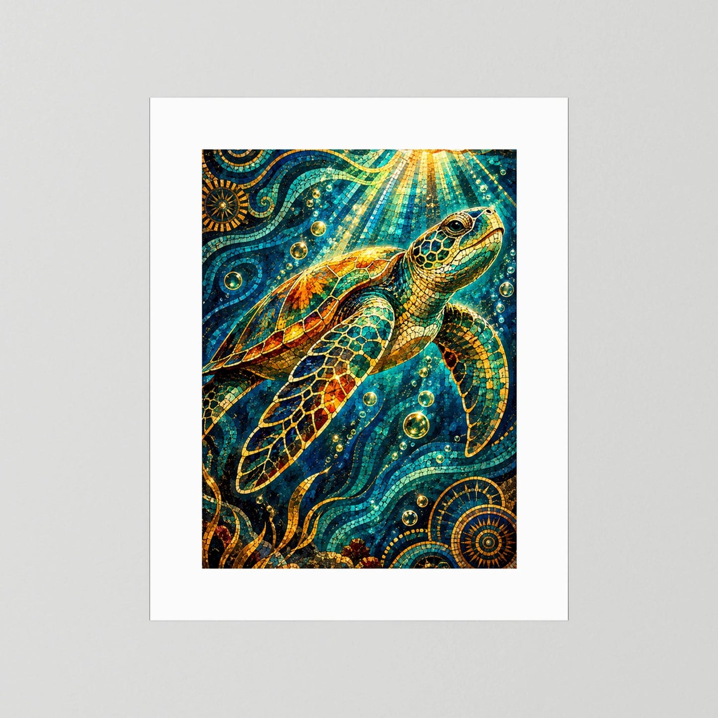 Kunstposter mit Meeresschildkröte im Mosaik, türkis-goldene Unterwasserwelt, weiß hinterlegt