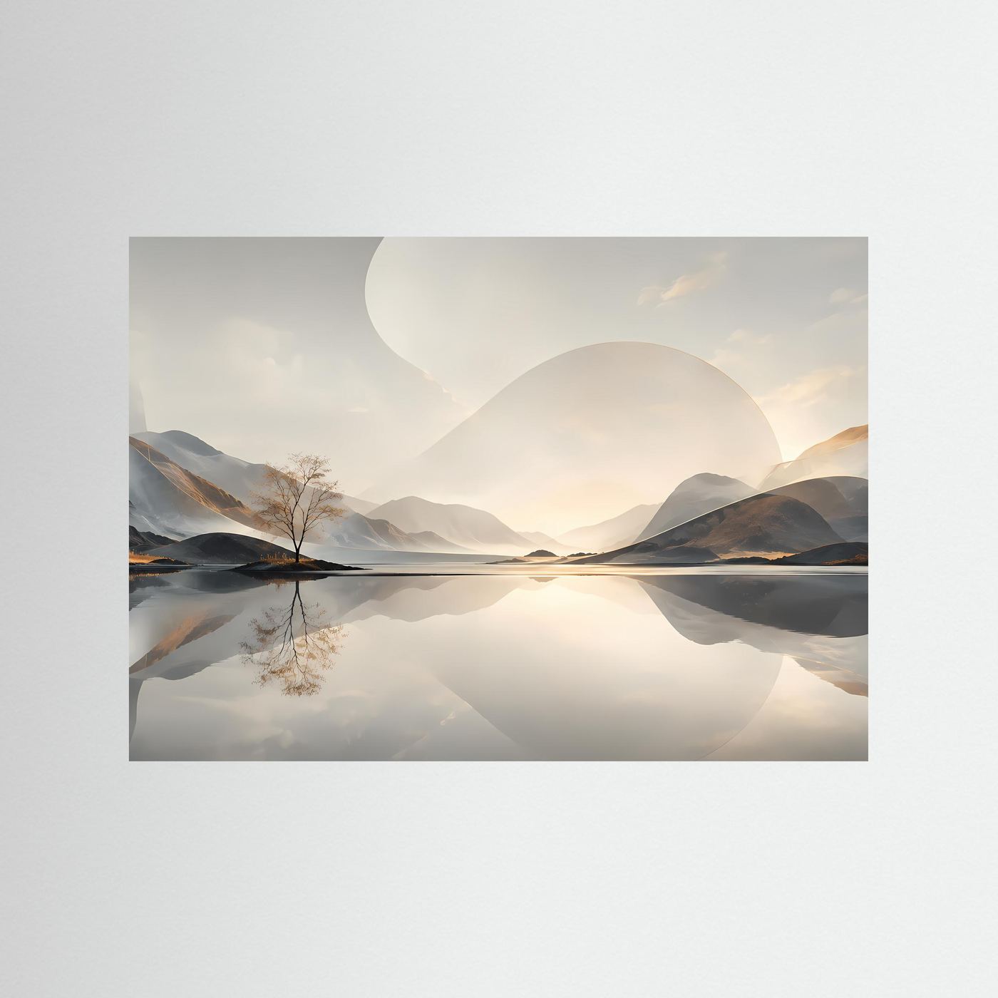 Minimalistische Berglandschaft Poster | Abstrakte Natur Landschaft Wandbild | Spiegelnder See | Modernes Panorama | Premium Leinwand Wall Art