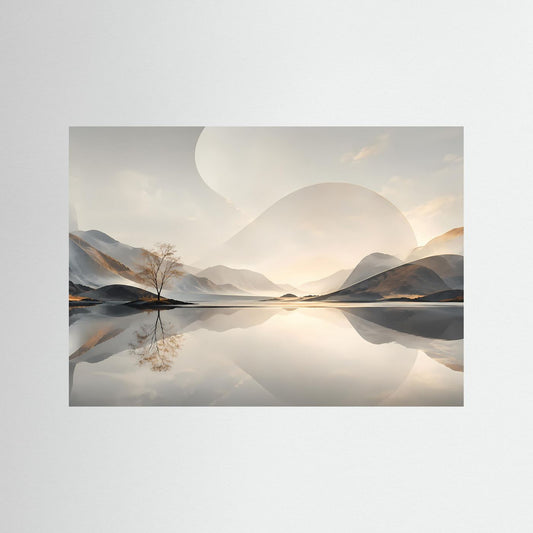 Minimalistisches Landschafts-Porträtposter mit Bergsee und Spiegelung, ohne Rahmen.