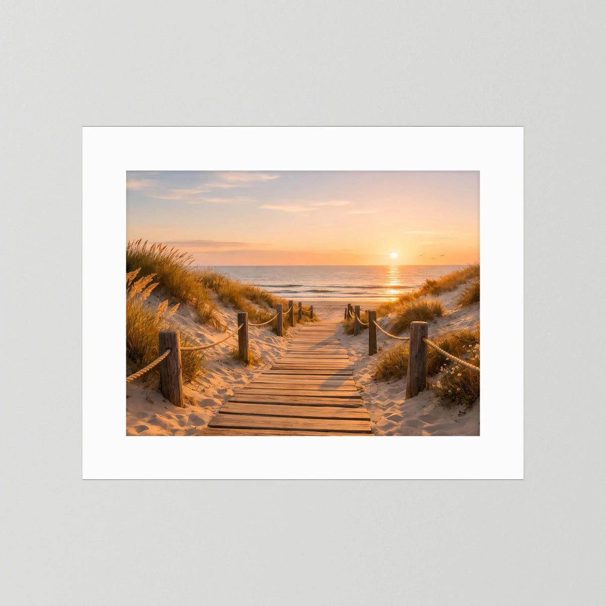 Wandbild mit weißem Passepartout und Dünenpfad am Meer bei Sonnenuntergang