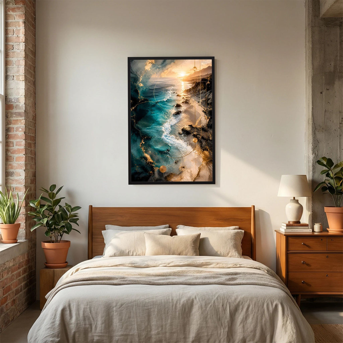 Hochformat-Poster im schwarzen Rahmen mit Küstenlandschaft in Türkis und Gold
