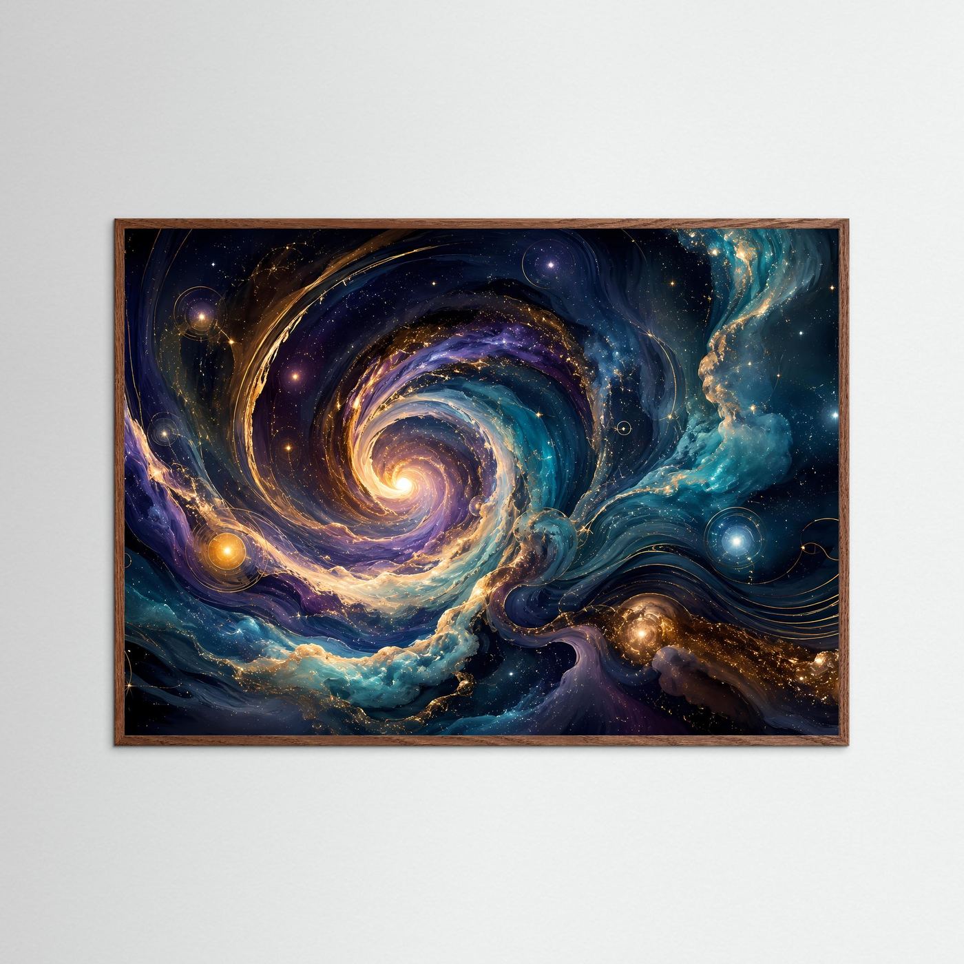 Querformat-Poster: abstrakte Nebelspirale in Blau, Türkis und Gold, brauner Holzrahmen