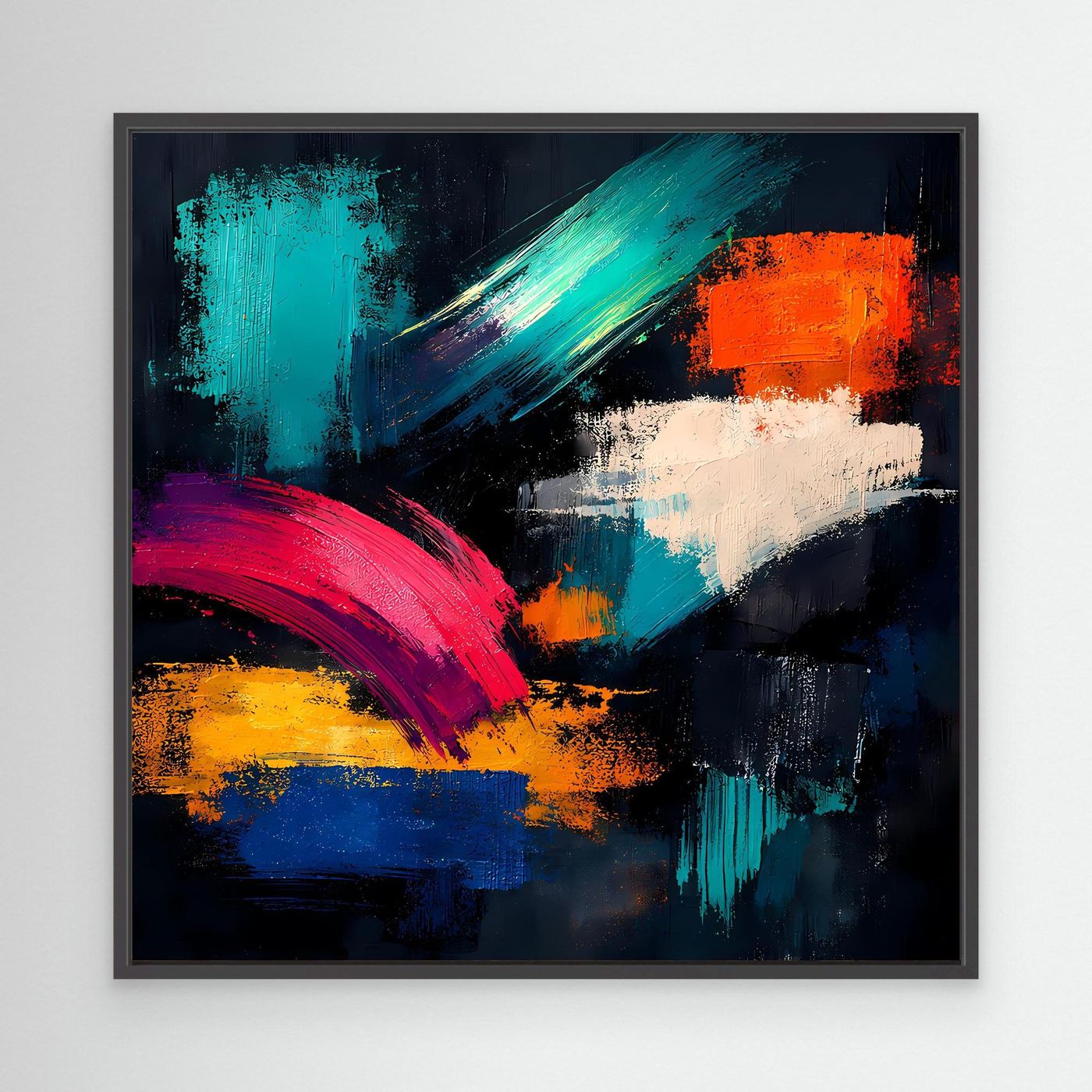 Leinwandbild mit breiten Pinselstrichen in Türkis, Orange, Pink und Blau, schwarzer Rahmen