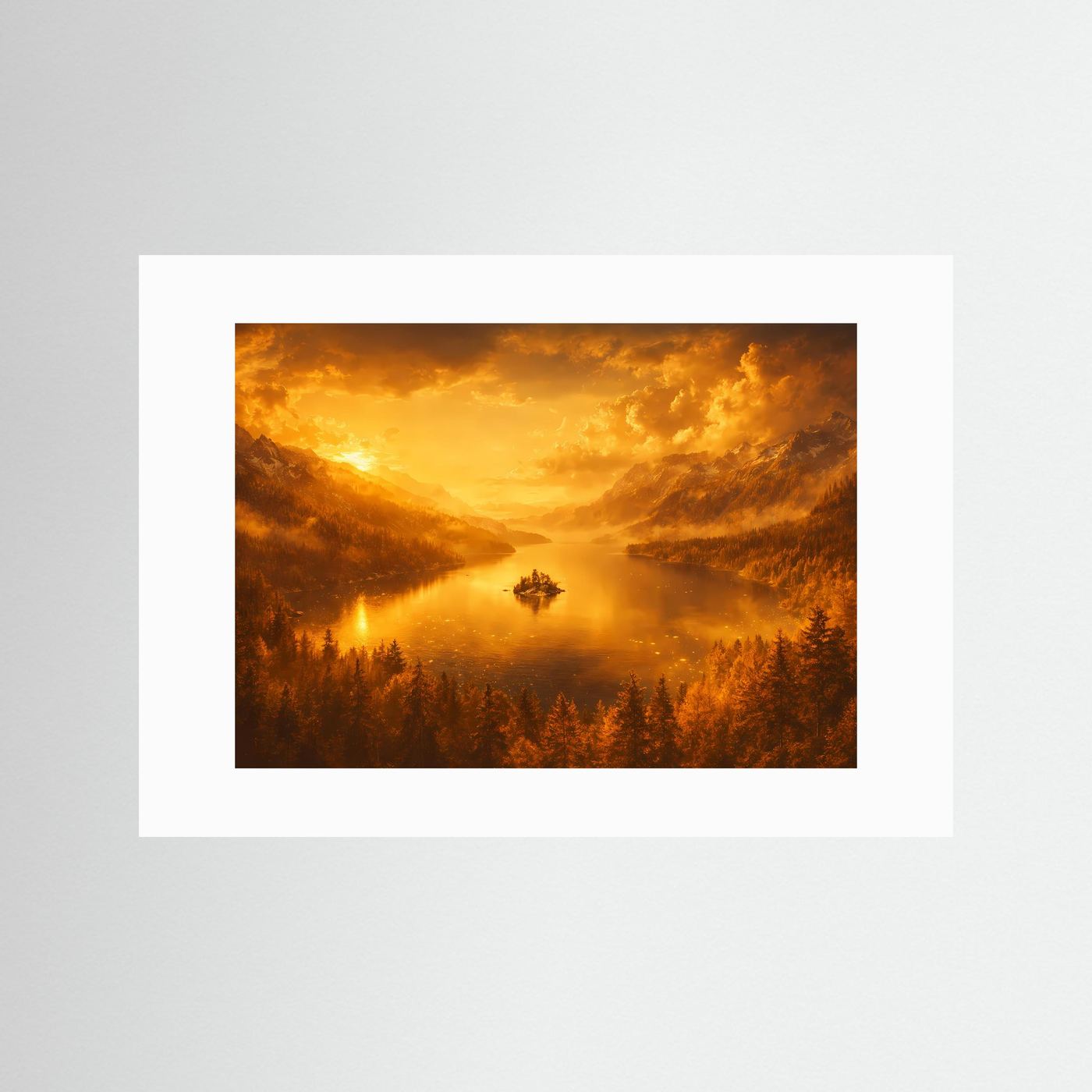 Wandbild mit weißem Passepartout: Alpenlandschaft mit Bergsee im Abendlicht.