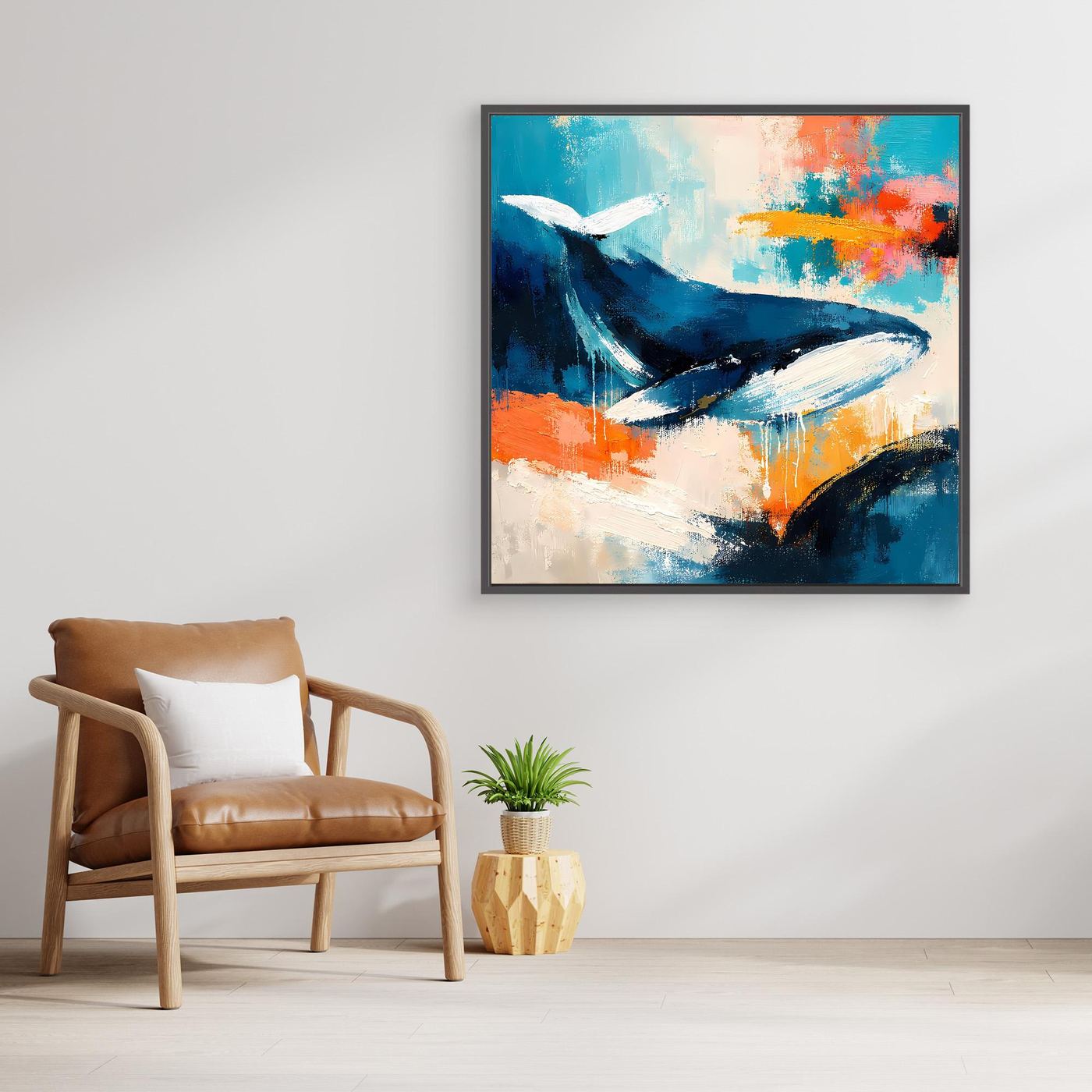 Abstraktes Wal-Wandbild auf Leinwand mit schwarzem Rahmen, blau-türkises Walmotiv mit Orange
