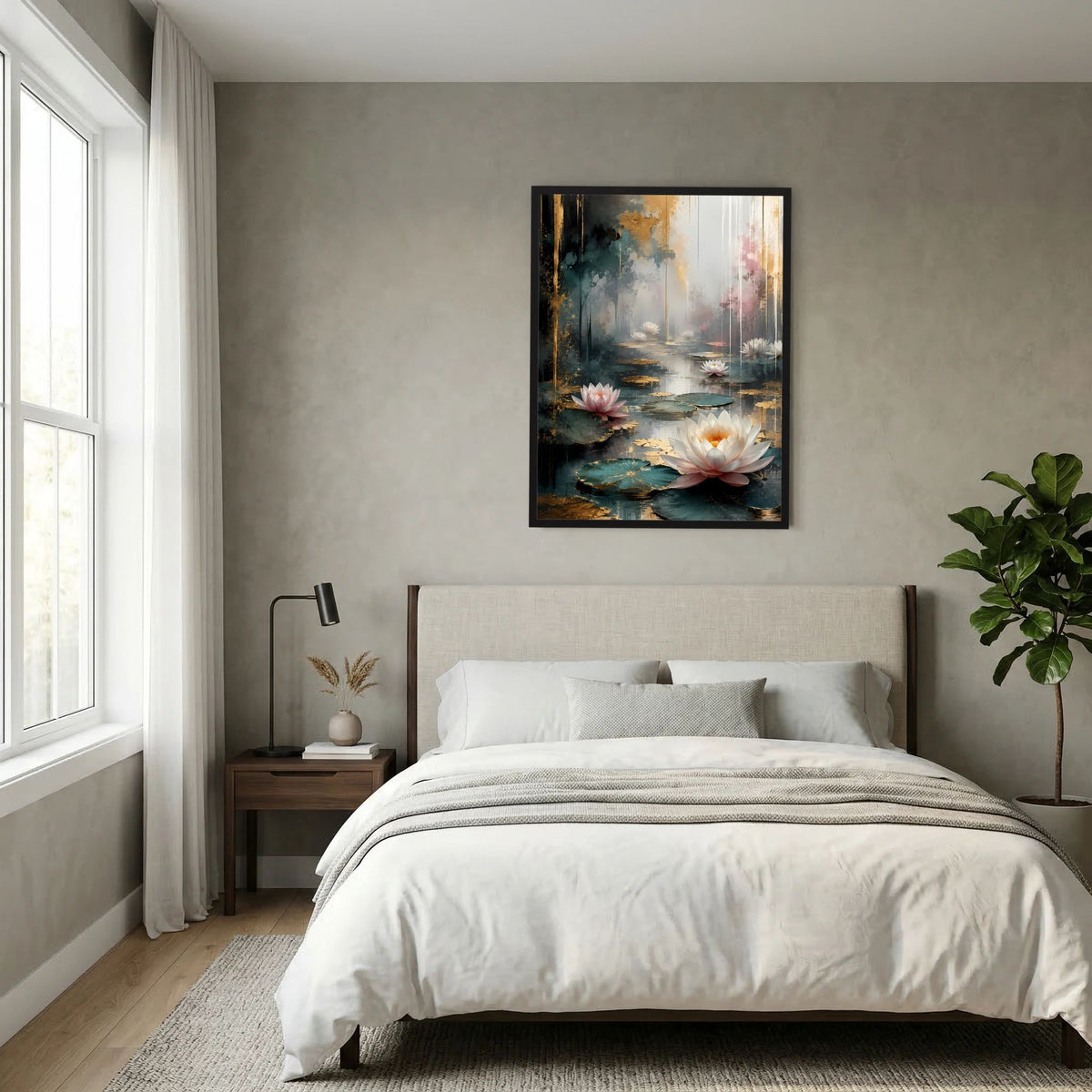 Poster im Hochformat: abstrakte Wasserlilien mit weißen Blüten und rosa Schimmer, schwarzer Rahmen