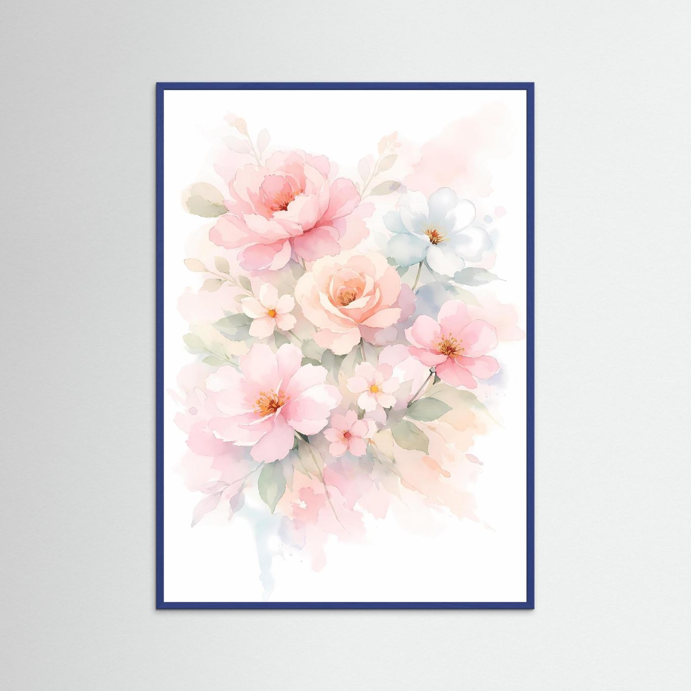 Wandbild mit Aquarell-Blumenbouquet in Pastelltönen, blauer Holzrahmen
