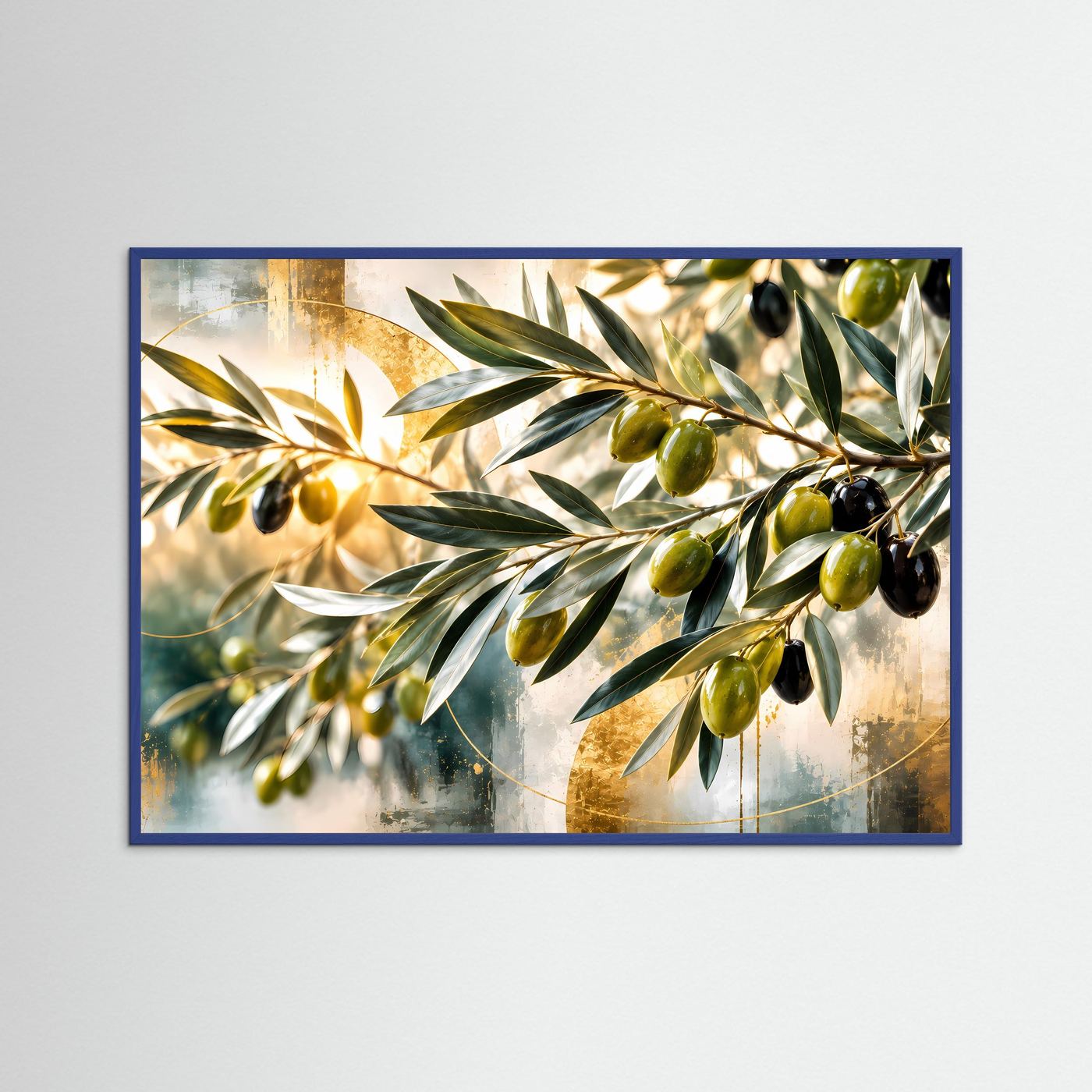 Olivenzweig-Naturkunst, abstraktes Wandbild mit blauem Rahmen