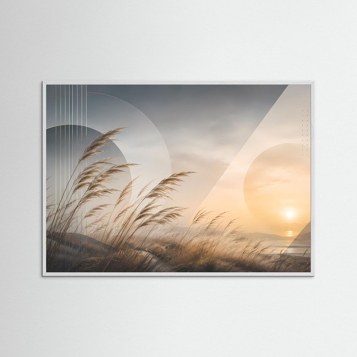 Wandbild mit Gräsern im Abendlicht in Beige- und Goldtönen, weißer Rahmen