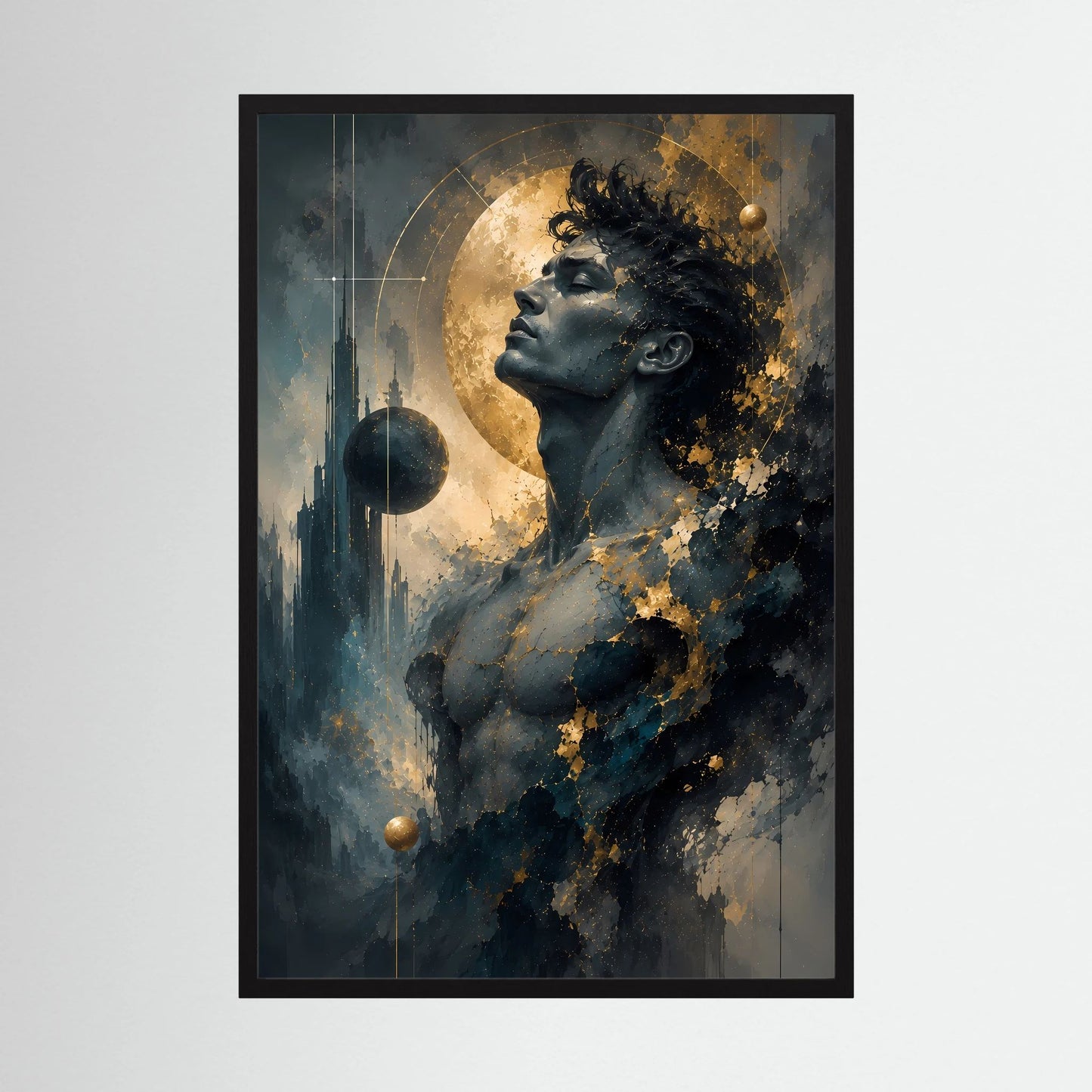 Kosmischer Mann in Gold und Anthrazit | Mystische abstrakte Weltraumkunst | Poster Hochformat