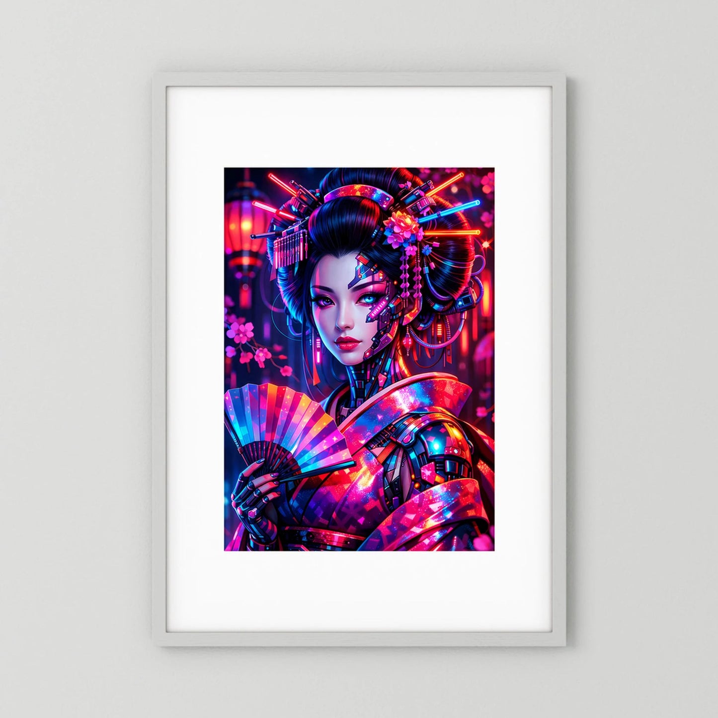 Gerahmtes Poster im Hochformat mit Neon-Porträt einer Geisha-Figur, farbenfroher Stil