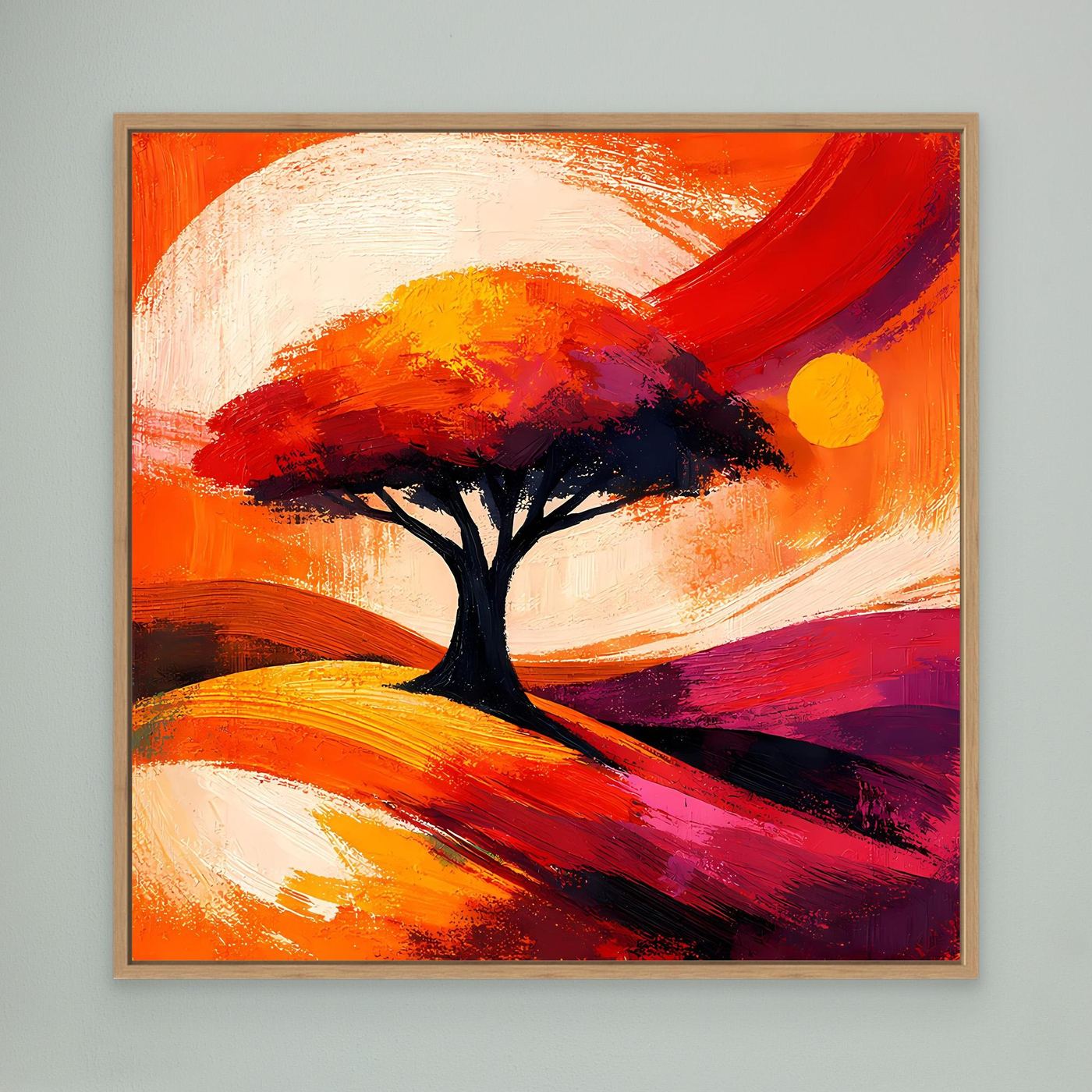 Leinwandbild mit abstraktem Baum in Orange/Rot, gelber Kreis, Eichenholzrahmen