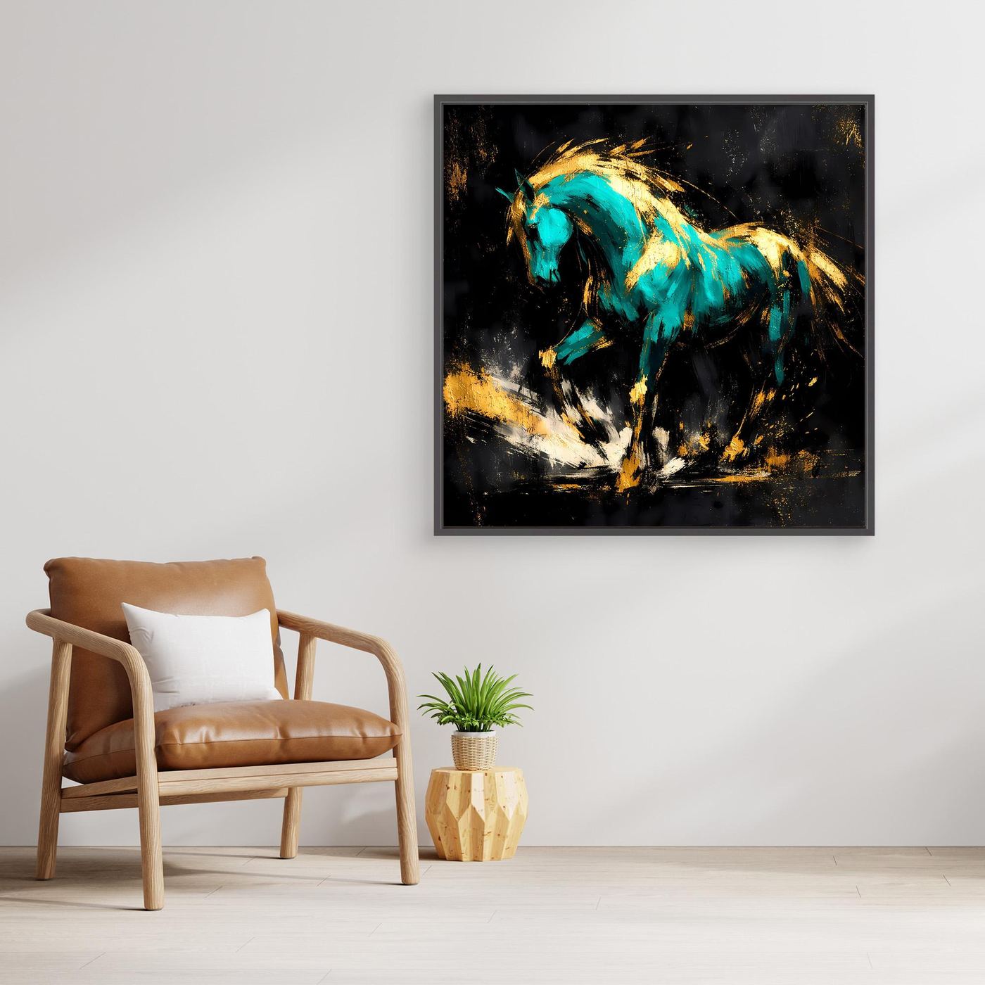 Leinwand Kraftvolles Pferd in Türkis und Gold | Modernes Abstraktes Wildtier Wandbild